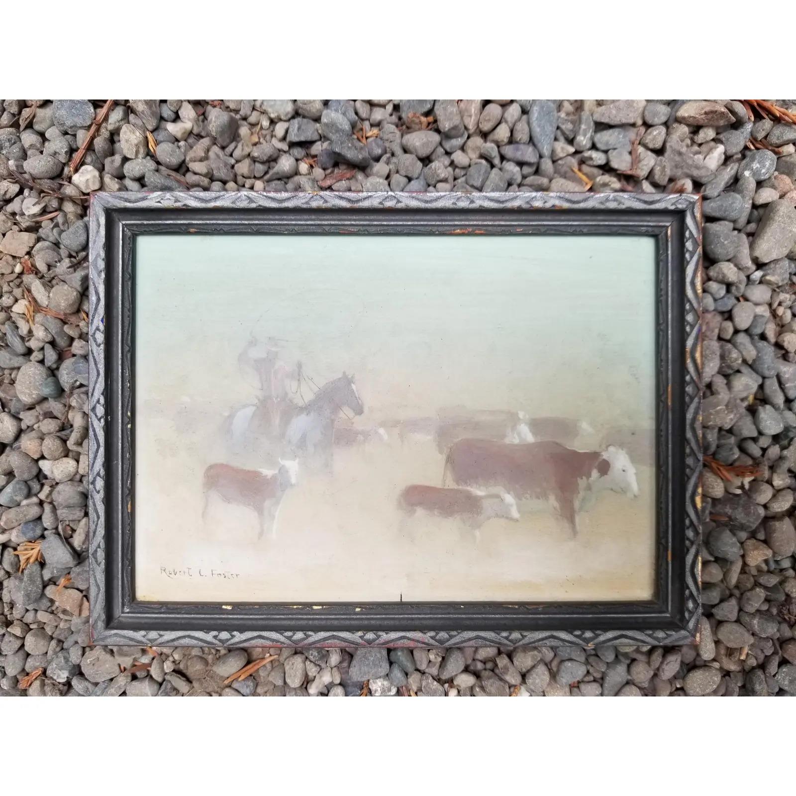 Original painting by California Artist Robert L. Foster. Painted on reverse Masonite with original vintage frame. Depicting a cattle drive with a cowboy on horse with lasso.

Robert L. Foster:
Welcome to Robert Foster's gallery of art. 