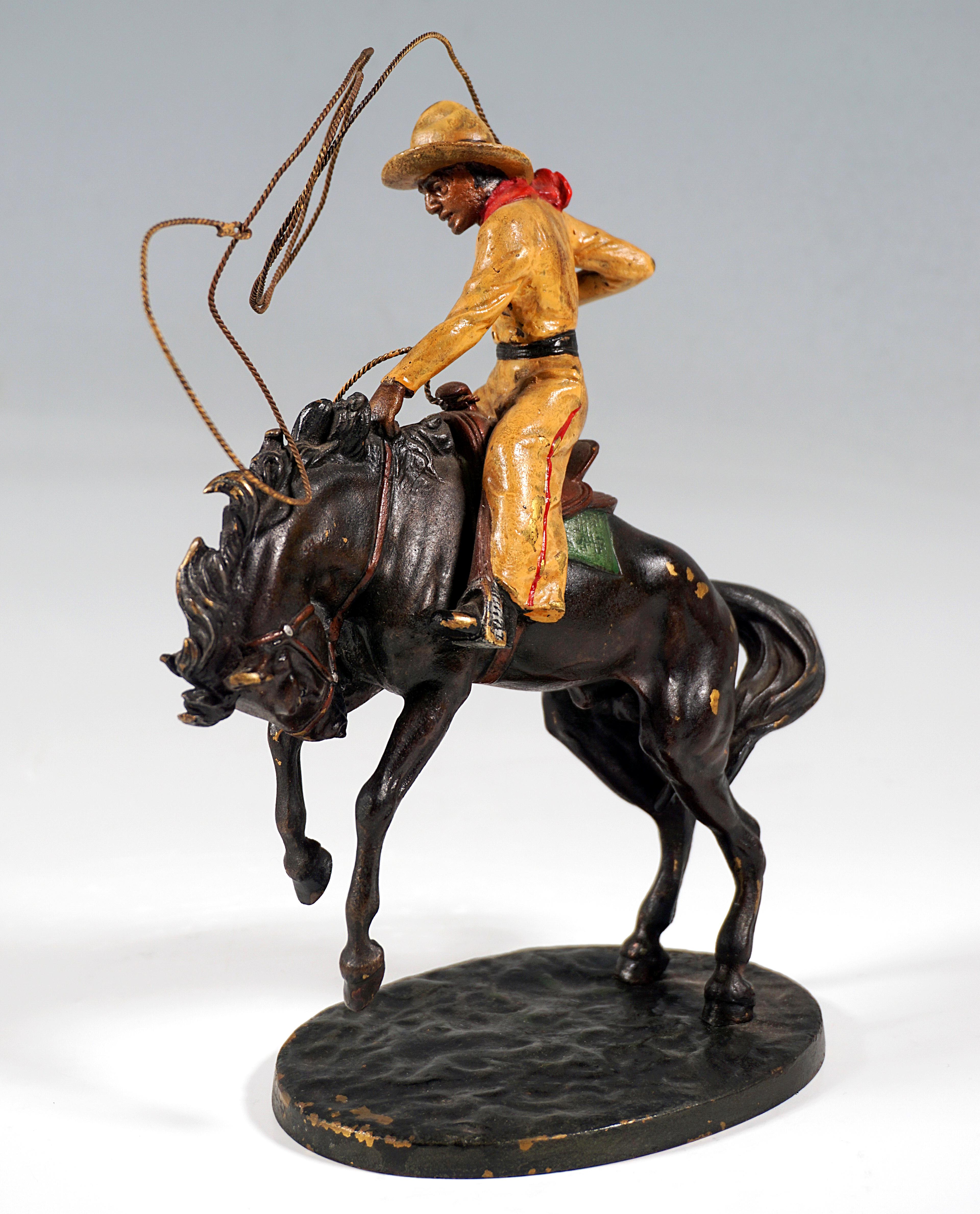 Austrian Cowboy with Lasso on Horse, Viennese Bronze Figure by Carl Kauba, Around 1920 For Sale