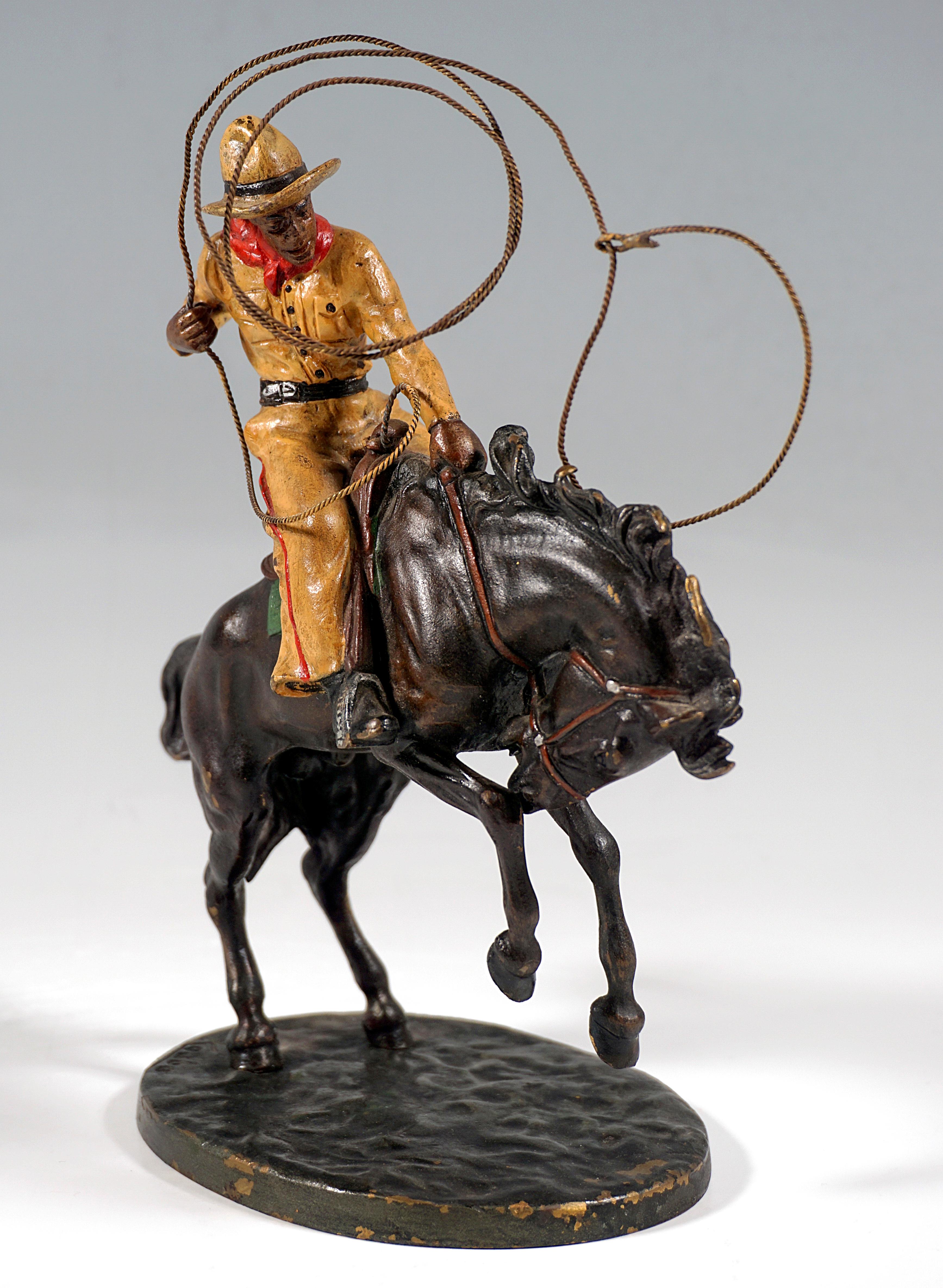 Cold-Painted Cowboy with Lasso on Horse, Viennese Bronze Figure by Carl Kauba, Around 1920 For Sale