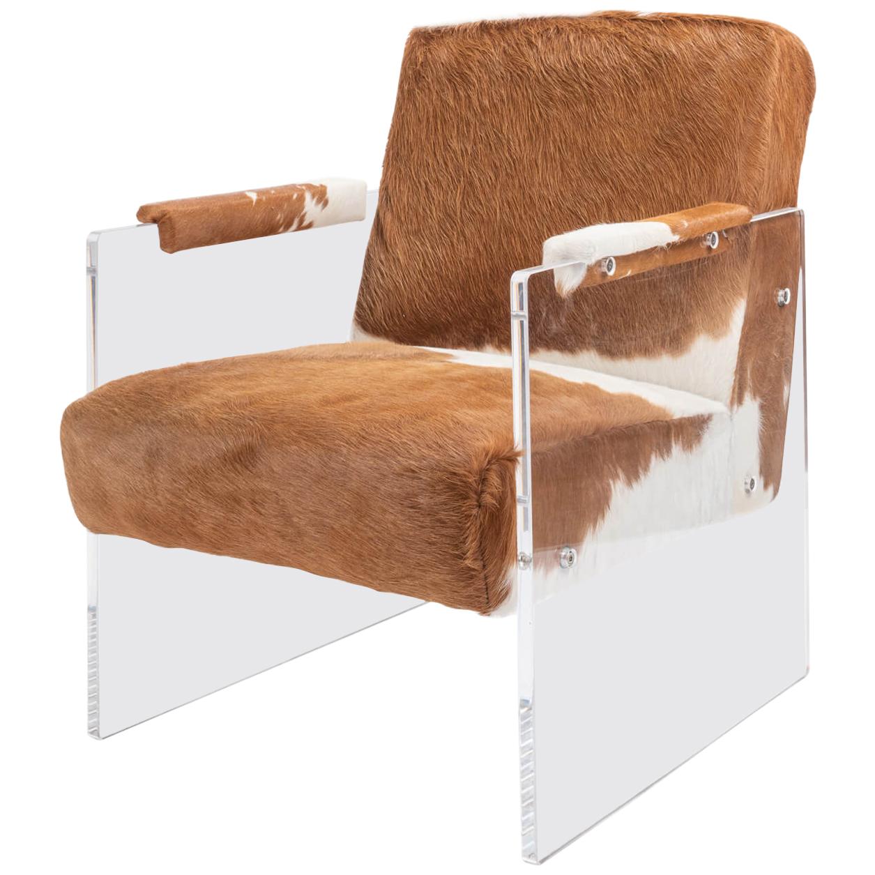 Cowhide and Lucite Armchair For Sale