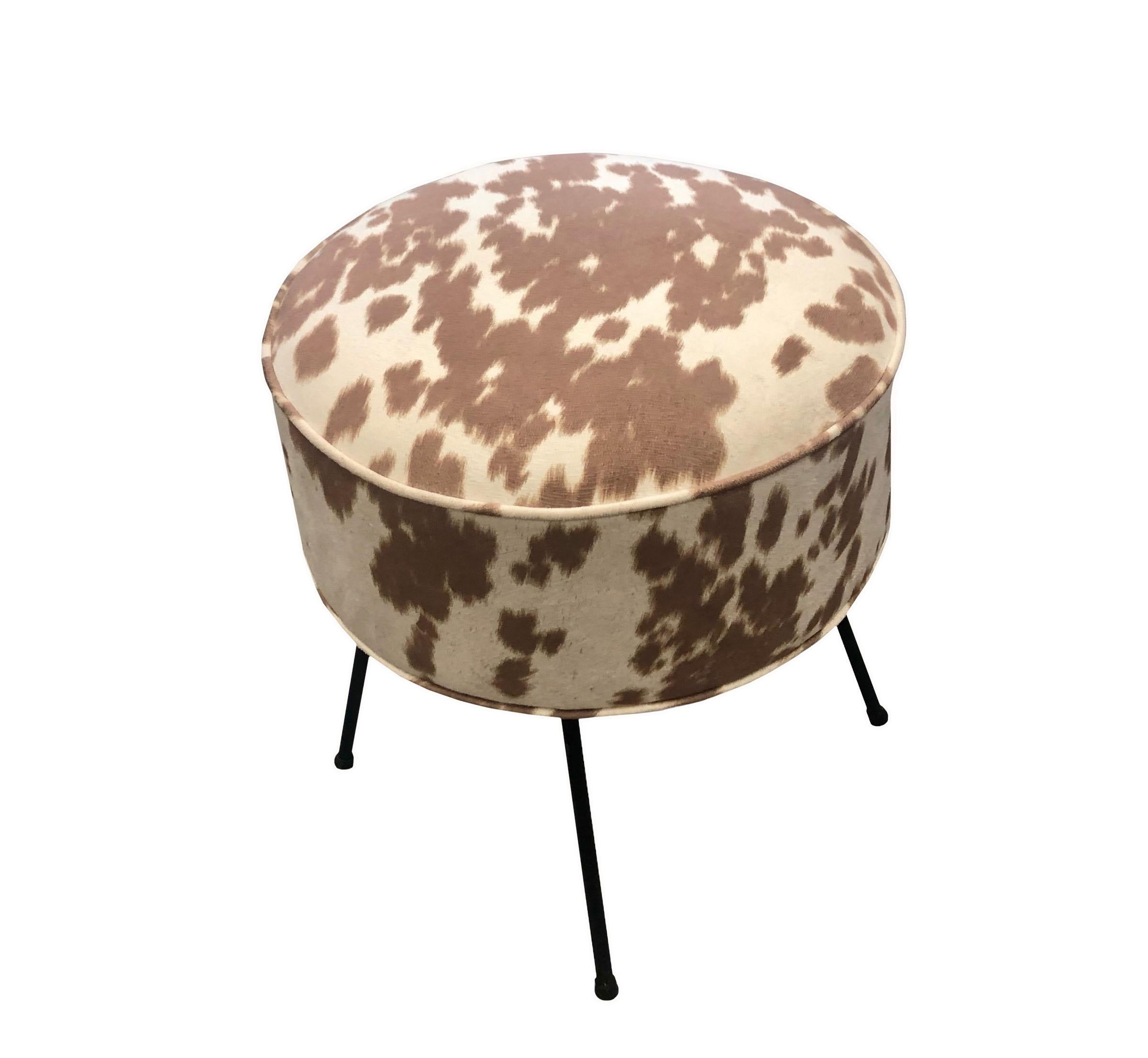 Mid-20th Century Cowhide Hairpin Mid Century Round Stool For Sale