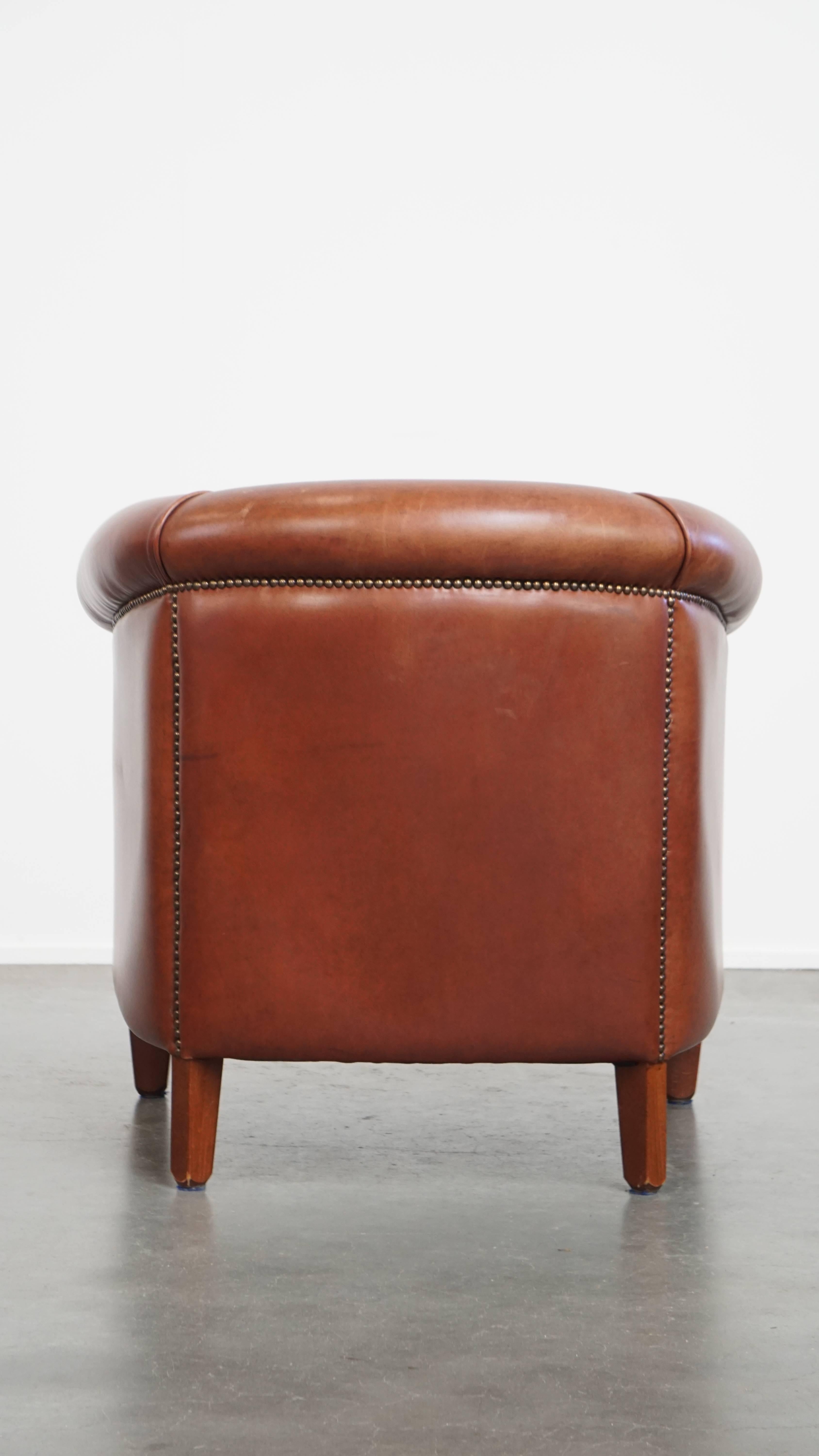 Hand-Crafted Cowhide Leather Club Armchair in a Cognac Color For Sale