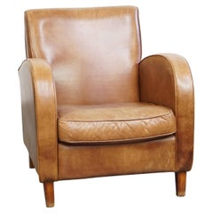 Cowhide Leather Designer Armchair in Light Cognac Color