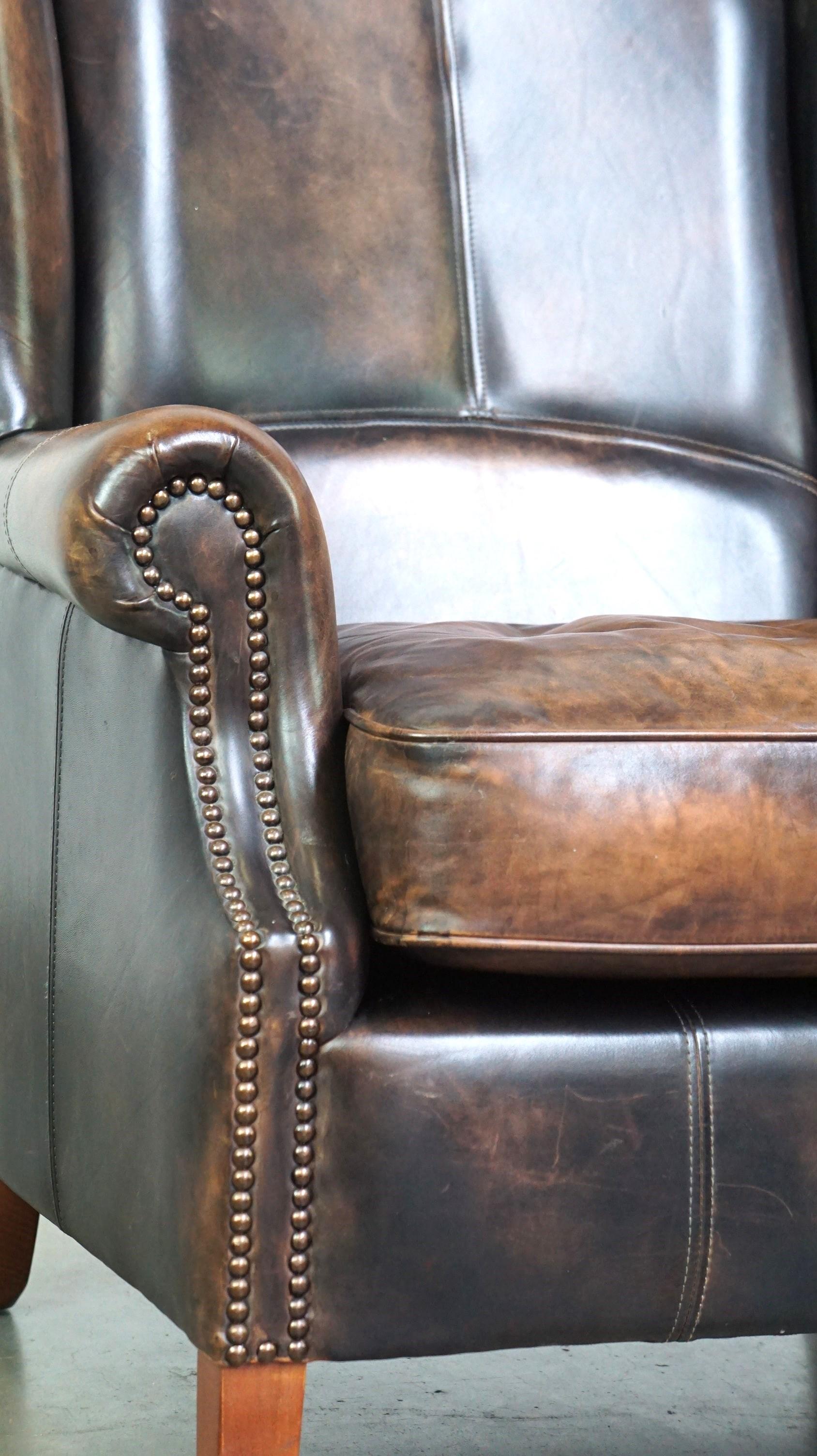 Cowhide Leather Wingback Armchair in English Style with Excellent Comfort For Sale 5