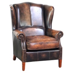 Cowhide Leather Wingback Armchair in English Style with Excellent Comfort