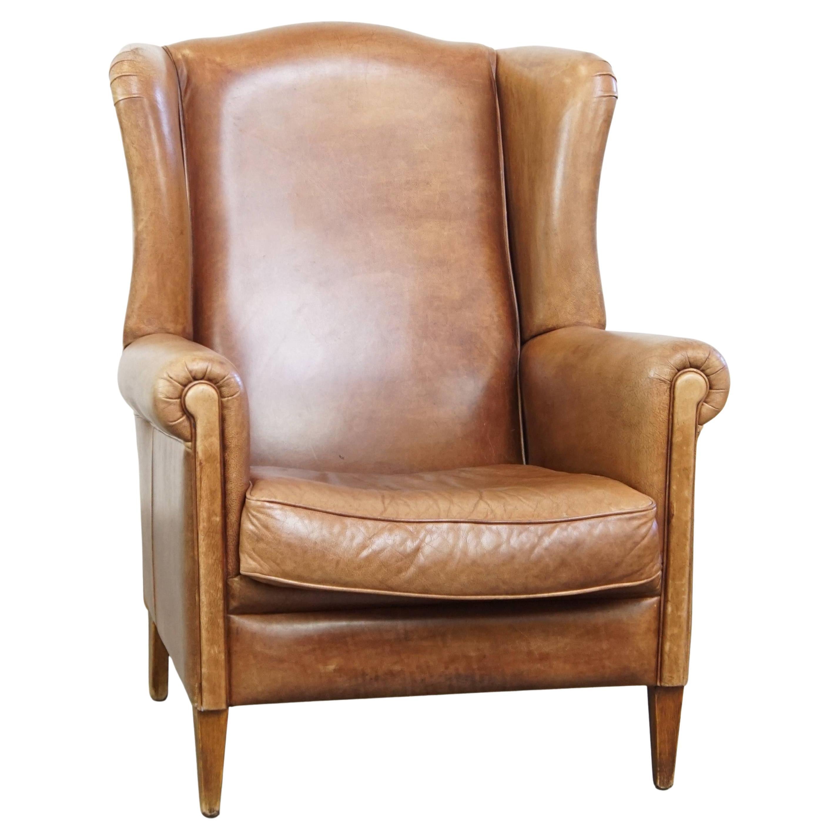 Cowhide Leather Wingback Chair in Light Cognac Color