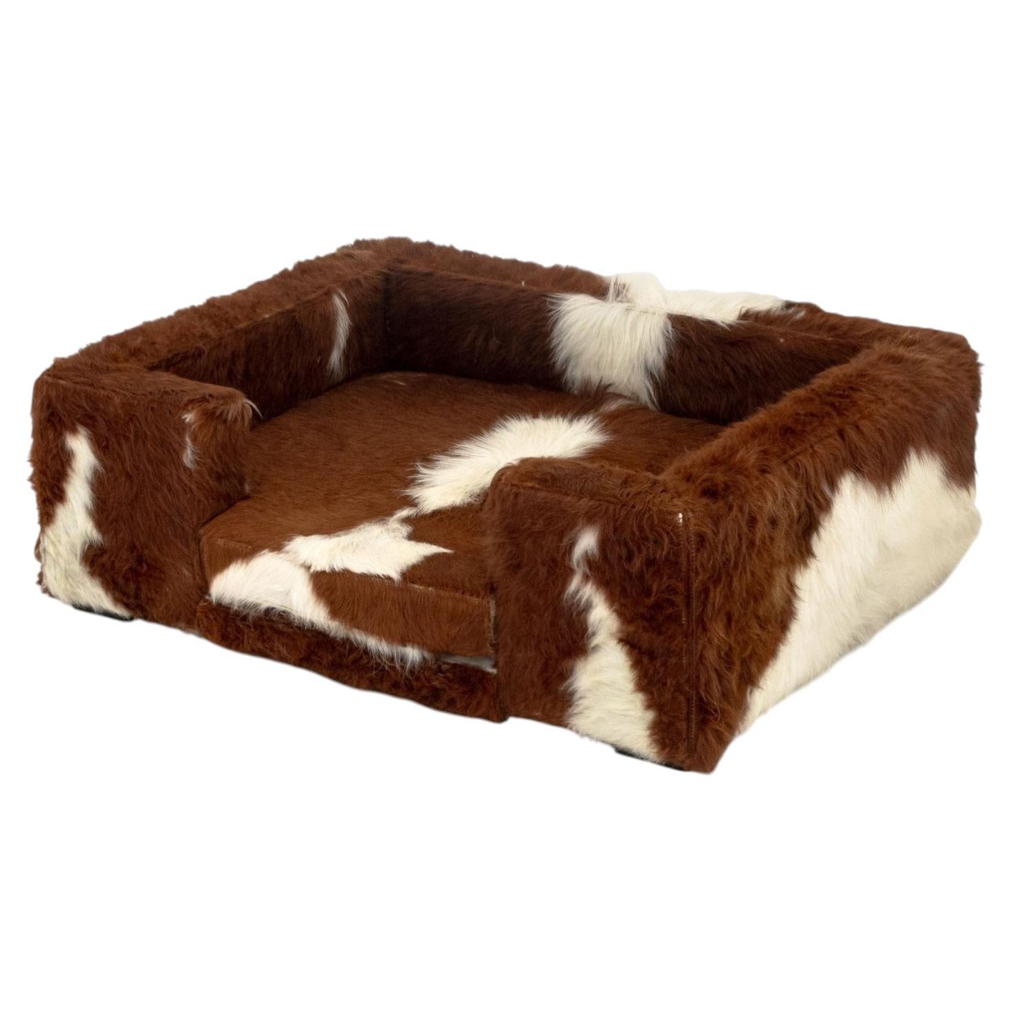Vintage Cowhide Upholstered Dog Bed, Brown and White