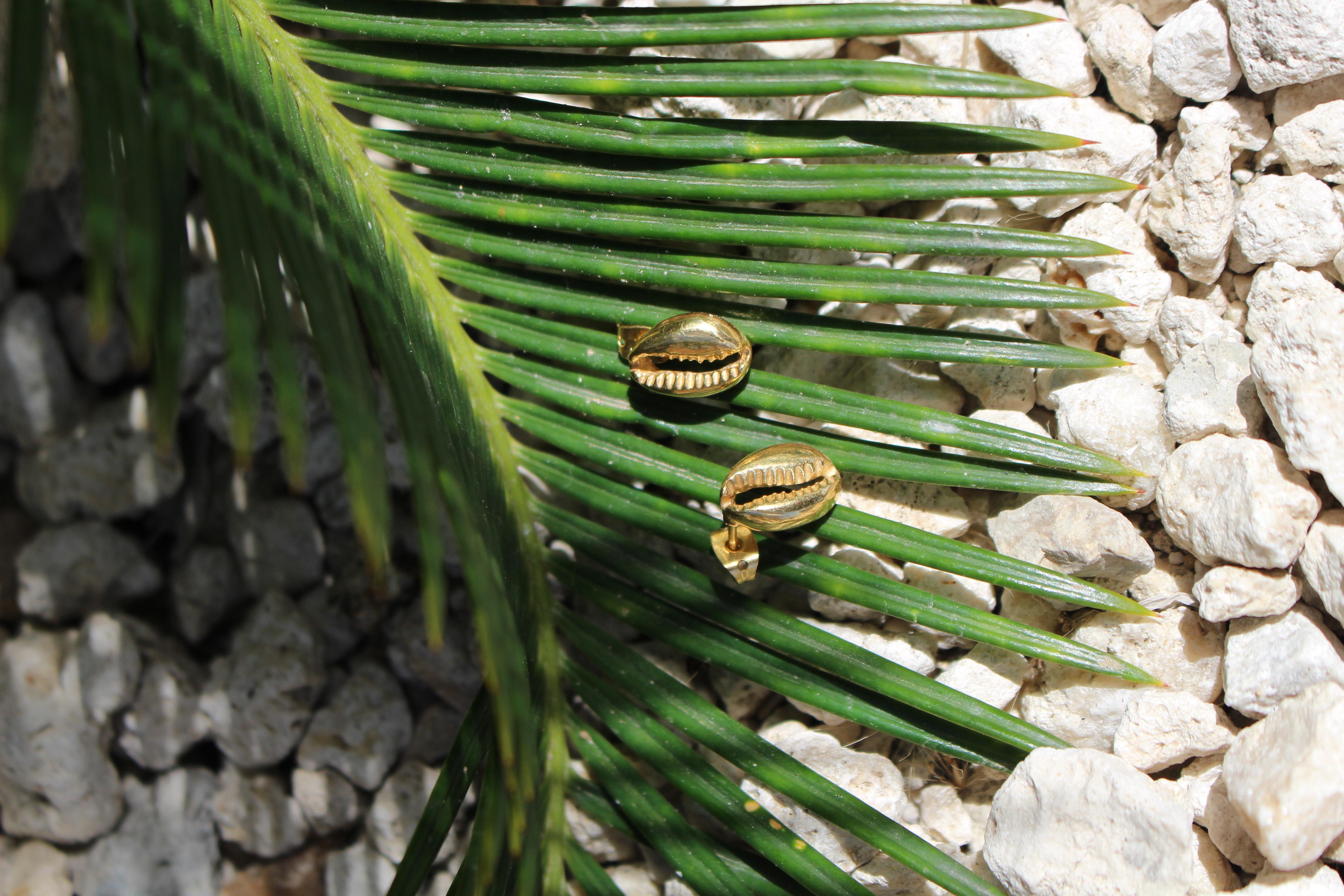Engraved Cowrie Shell Post in Brass with 14k Gold Plating. 

Designed in New York by Jam + Rico:

