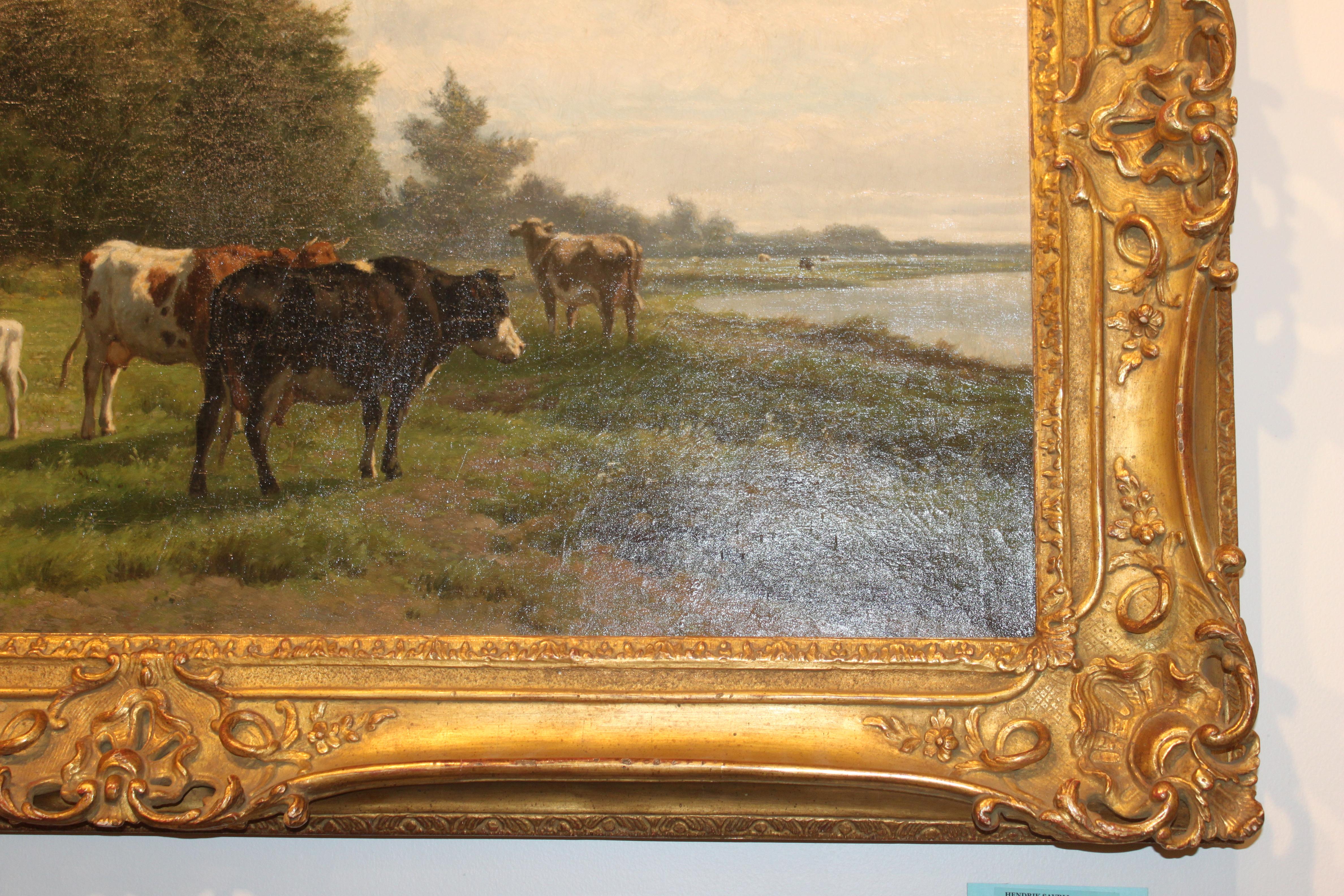 'Cows at Pasture' 19th Century Dutch Pastoral Oil Painting by Hendrik Savrij In Excellent Condition In Atlanta, GA