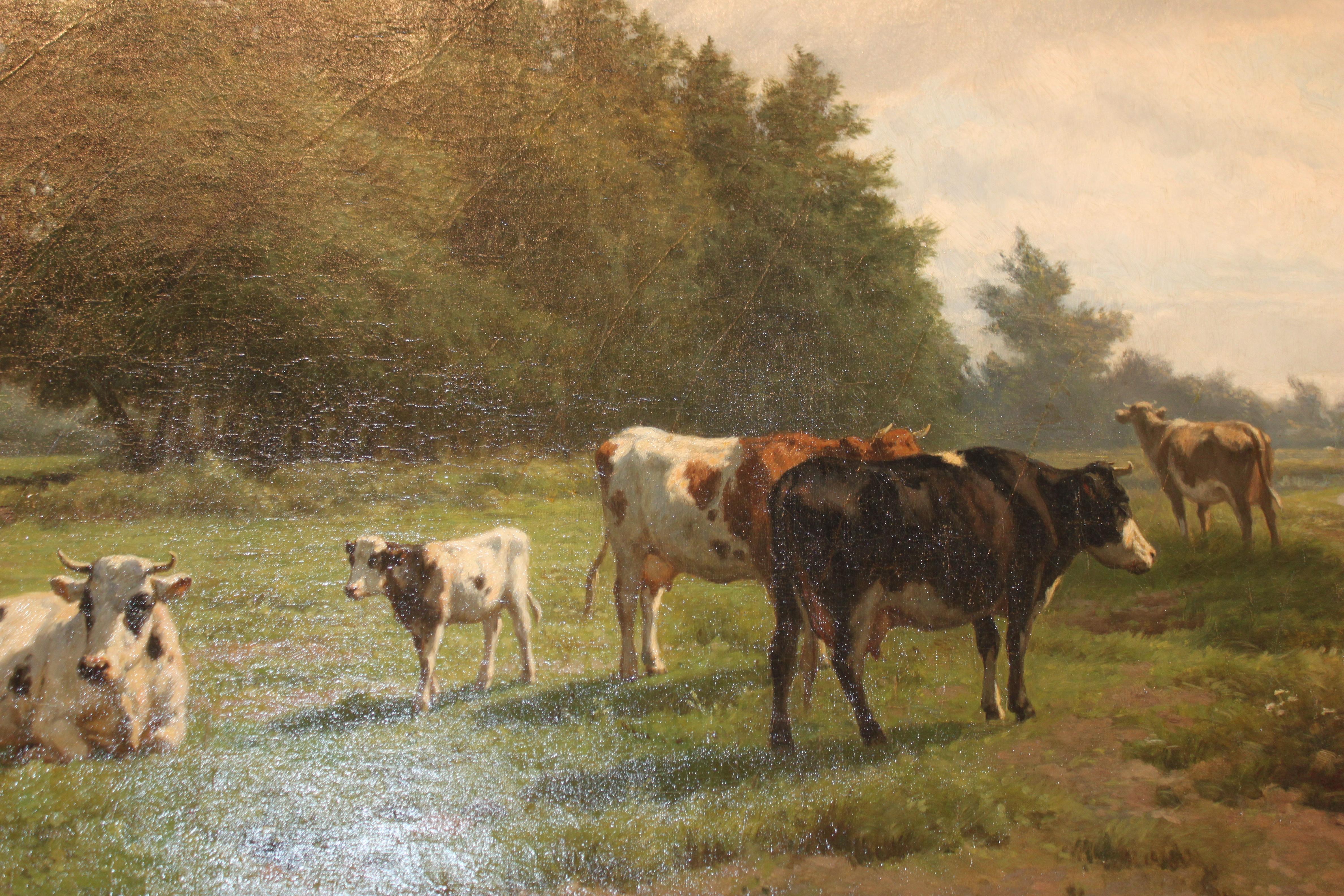 'Cows at Pasture' 19th Century Dutch Pastoral Oil Painting by Hendrik Savrij 1