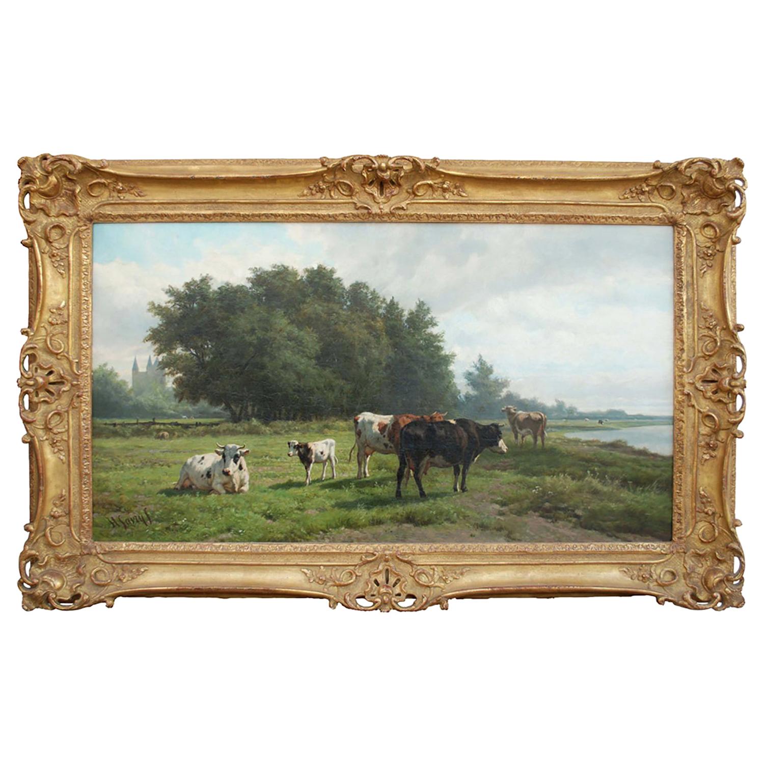 'Cows at Pasture' 19th Century Dutch Pastoral Oil Painting by Hendrik Savrij