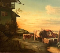 Cows Drinking from the Trough 19th Century American School Painting