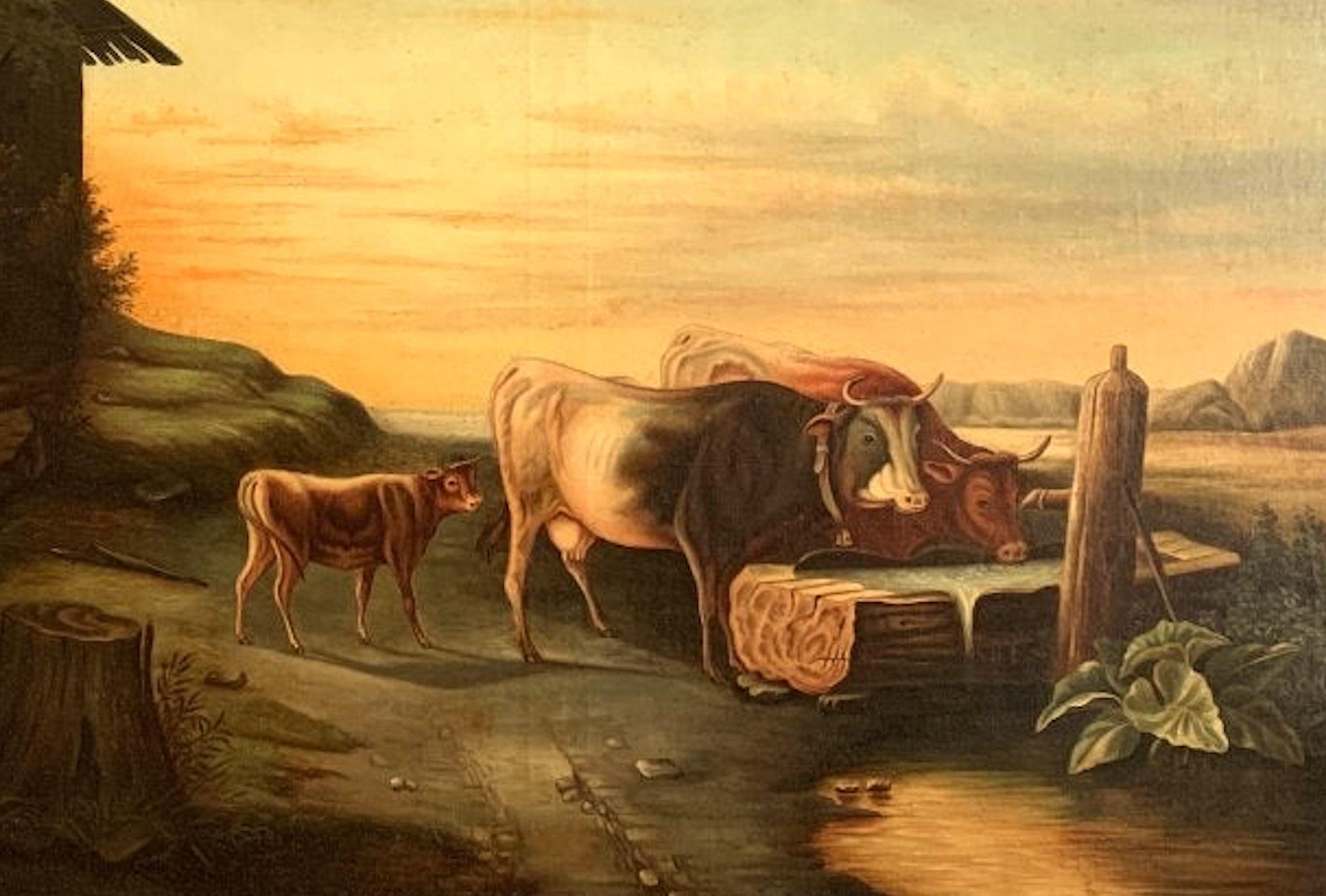 Cows Drinking from the Trough 19th Century American School Painting In Good Condition In Wiscasset, ME