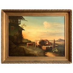 Used Cows Drinking from the Trough 19th Century American School Painting