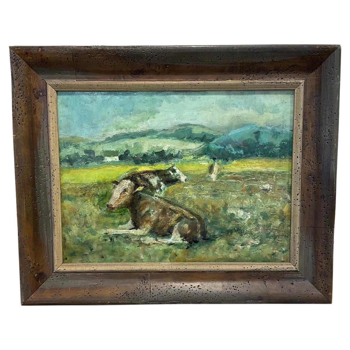 ‘Cows in Summer’ Antique Oil on Canvas For Sale