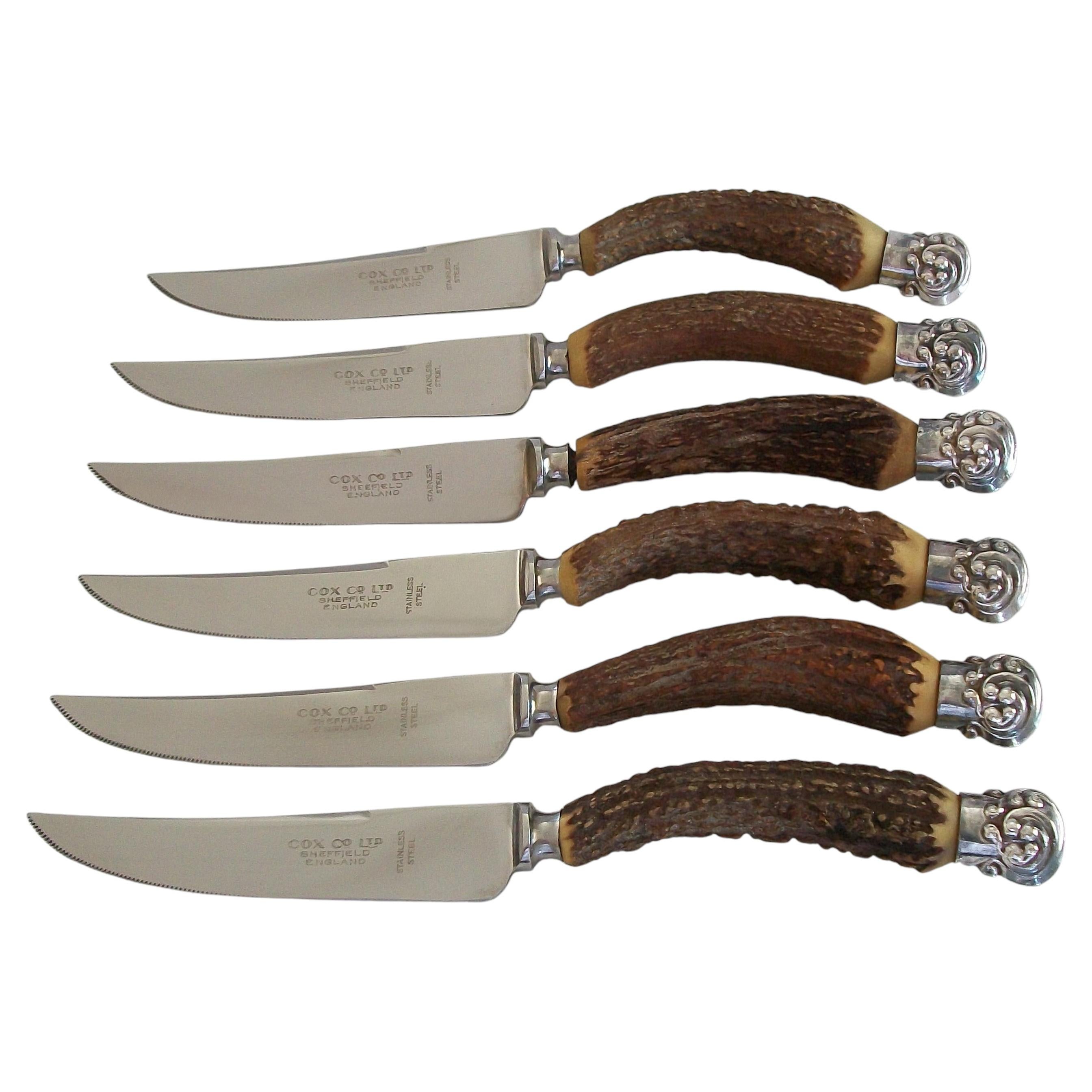 COX CO. LTD. - Set of 6 Stag Horn Grip Steak Knives - U.K. - Early 20th Century