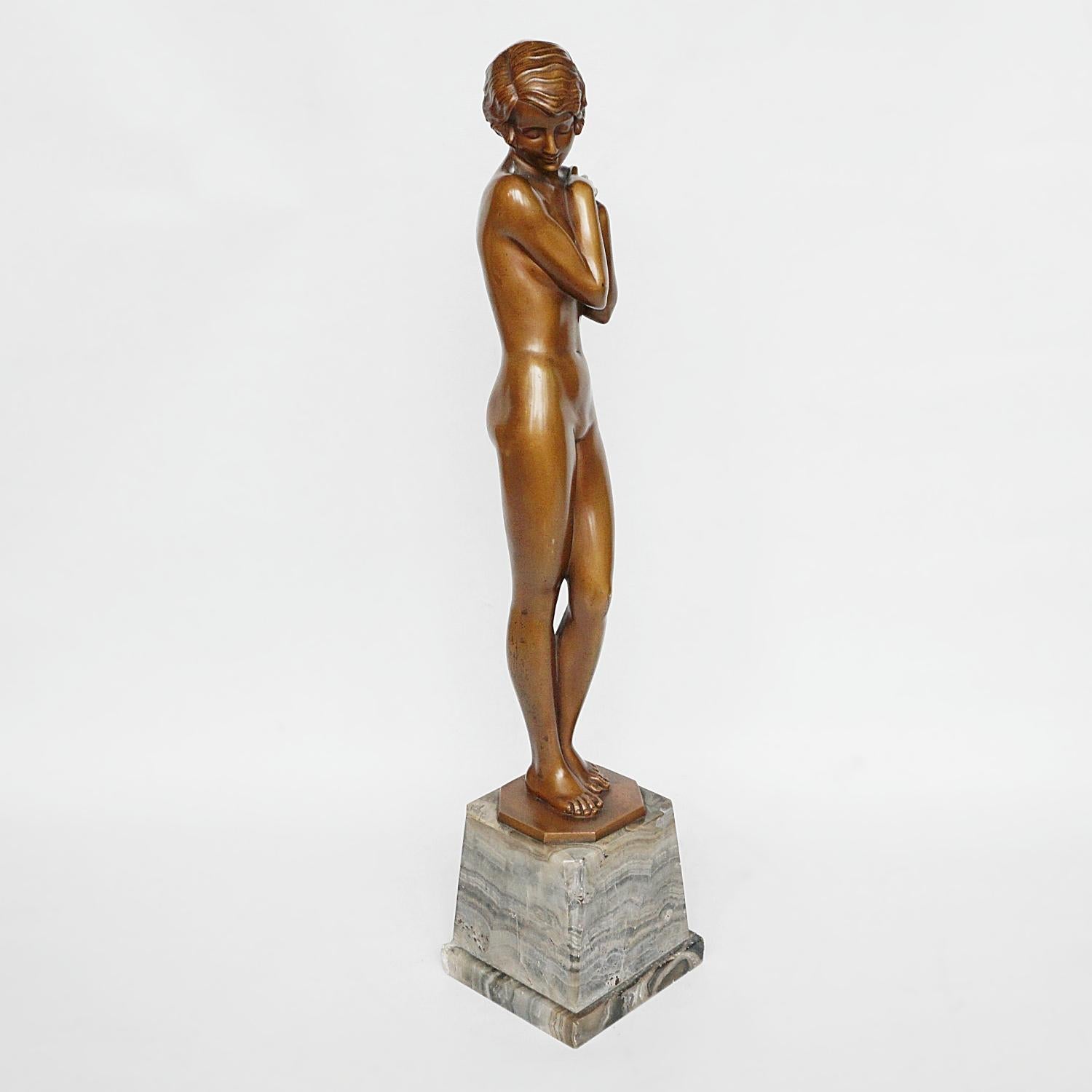 Austrian 'Coy Maiden' Art Deco Bronze Sculpture by Josef Lorenzl