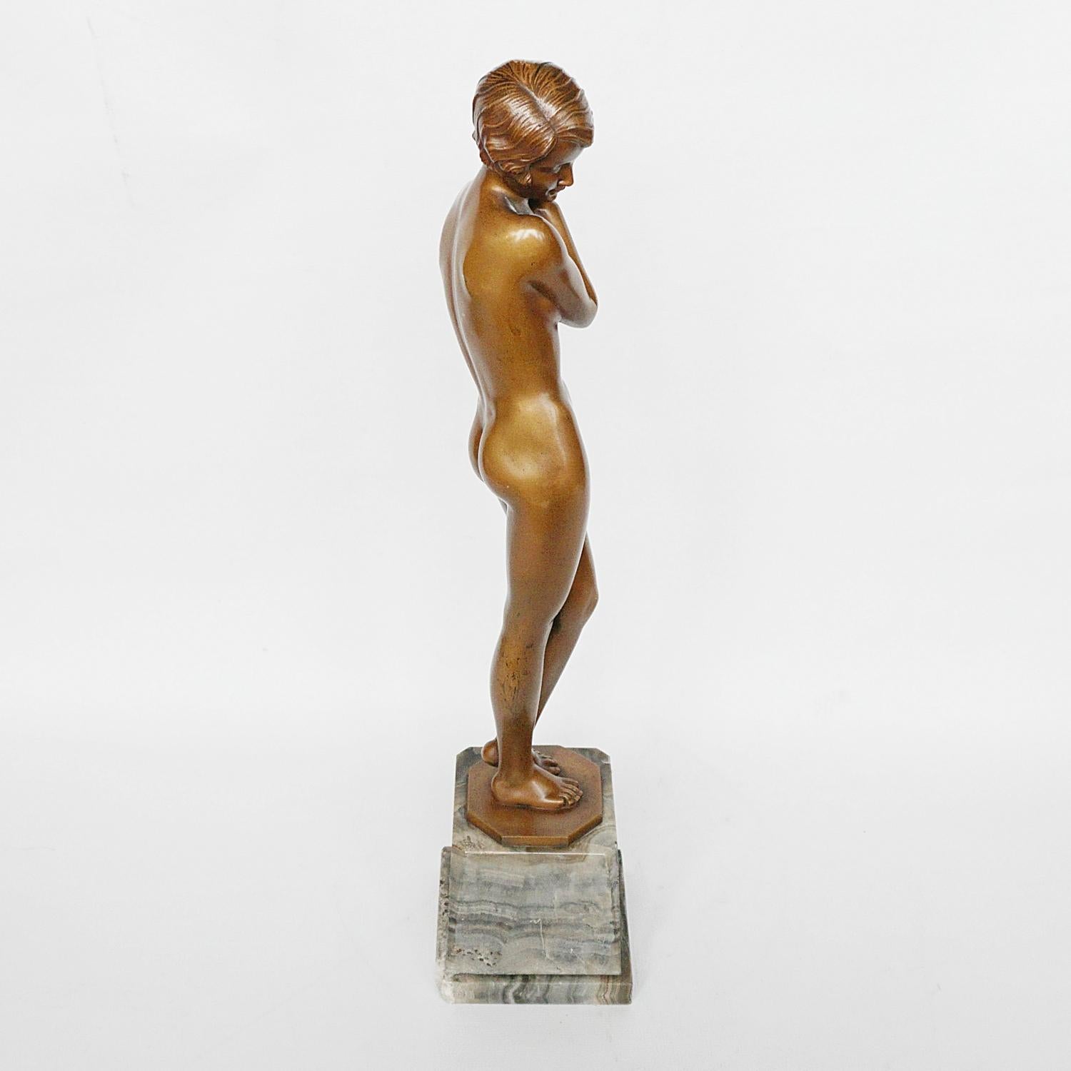 Mid-20th Century 'Coy Maiden' Art Deco Bronze Sculpture by Josef Lorenzl