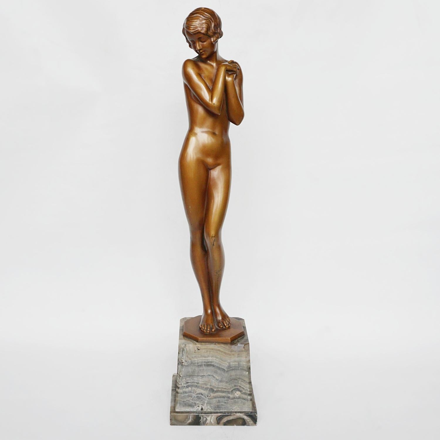 'Coy Maiden' Art Deco Bronze Sculpture by Josef Lorenzl 1