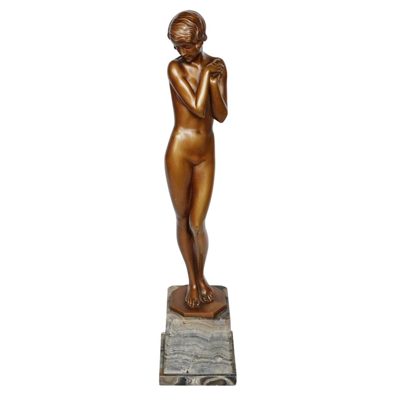 'Coy Maiden' Art Deco Bronze Sculpture by Josef Lorenzl