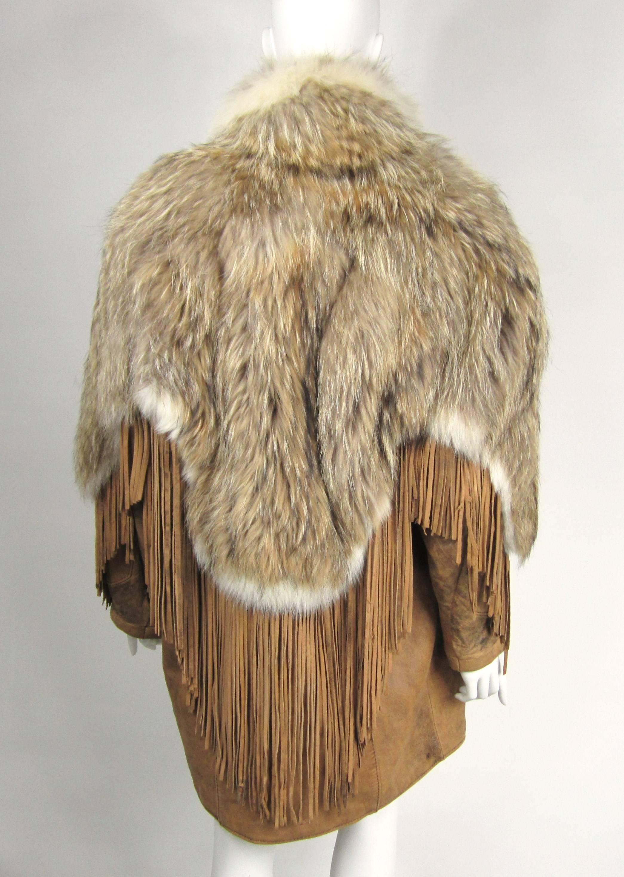  Coyote Fur Leather Fringe Coat Jacket 1990s In Good Condition In Wallkill, NY