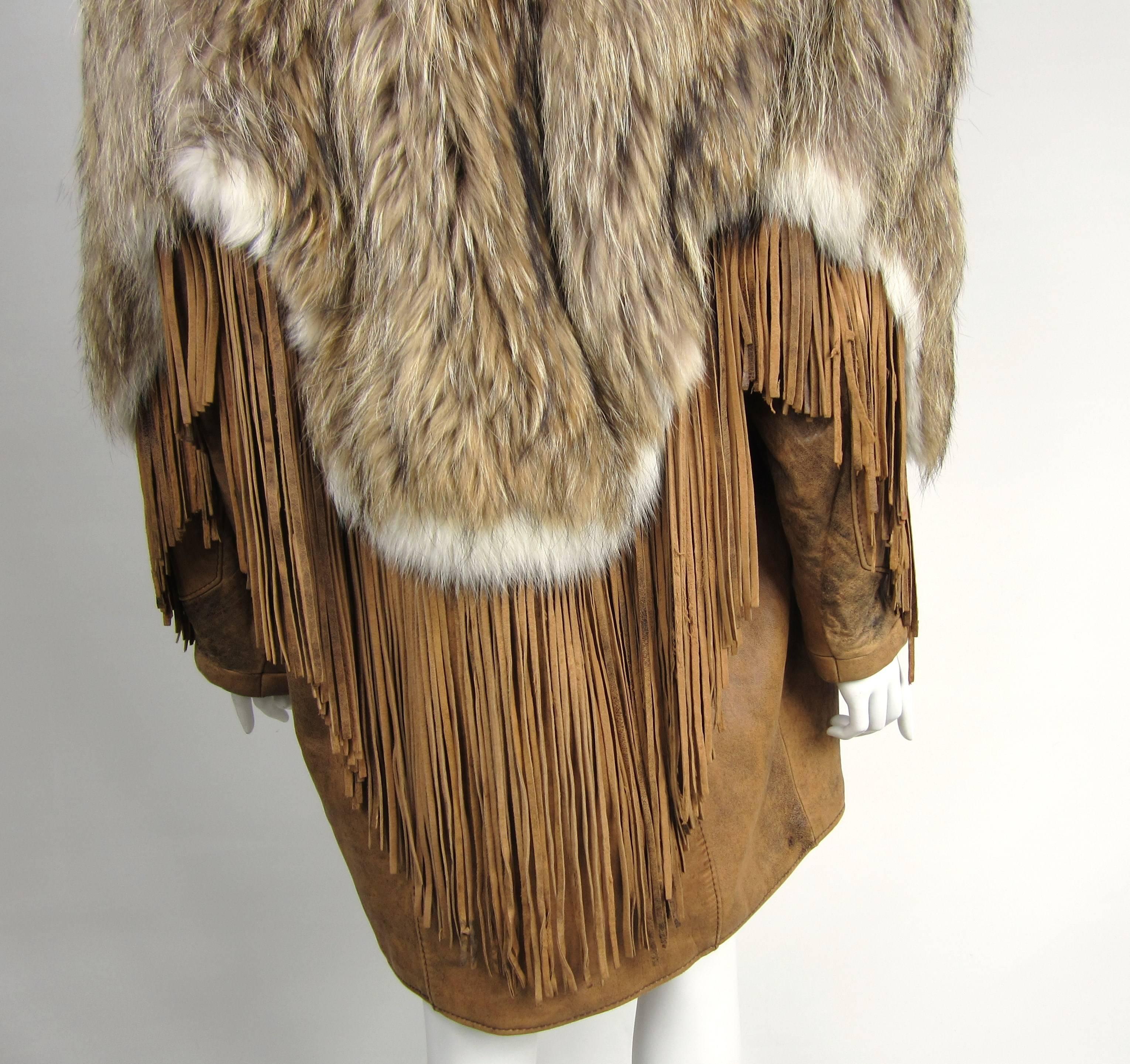 Women's  Coyote Fur Leather Fringe Coat Jacket 1990s