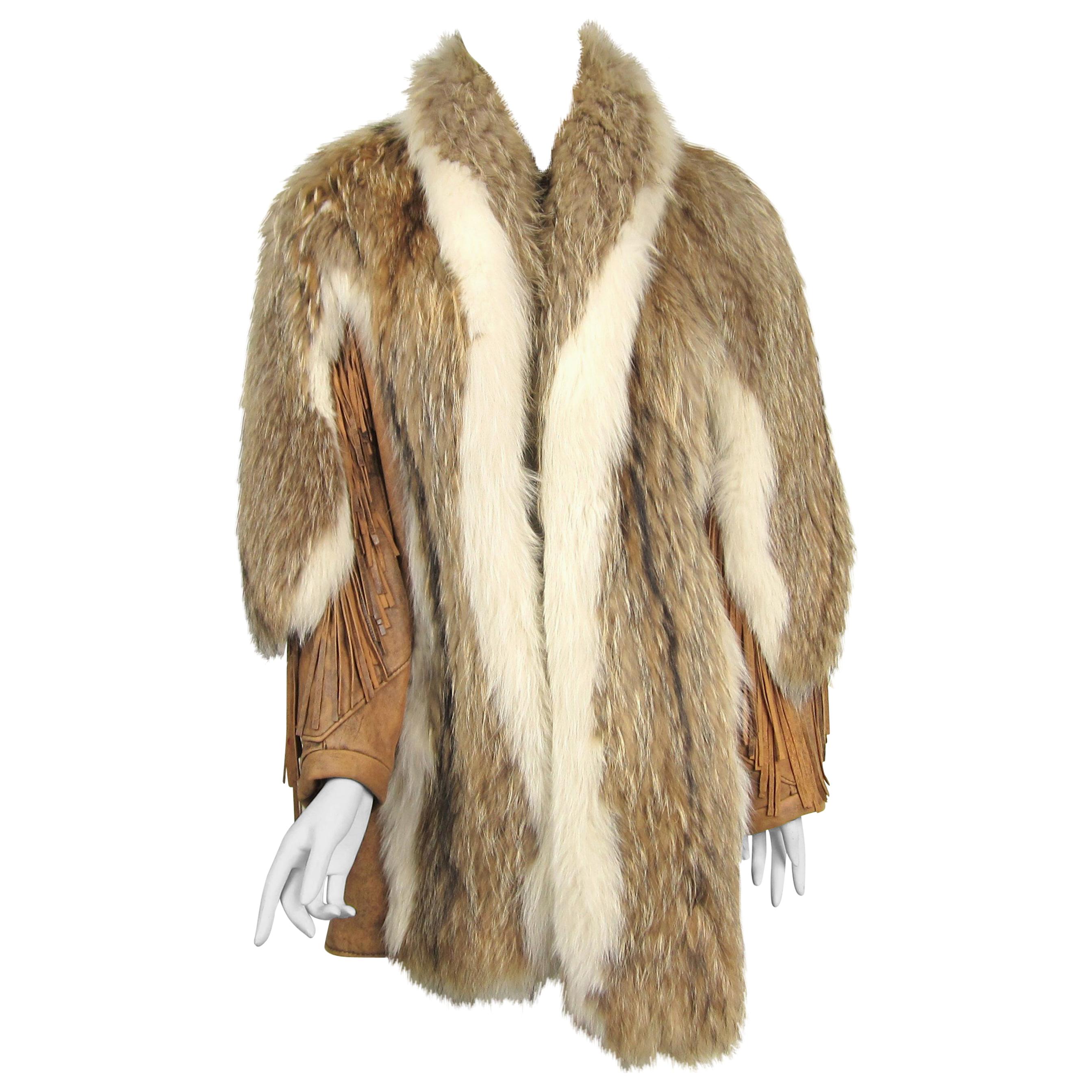  Coyote Fur Leather Fringe Coat Jacket 1990s