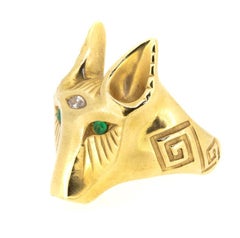 Coyote Ring with Emerald Eyes and Diamond Third Eye in 18k Yellow Gold