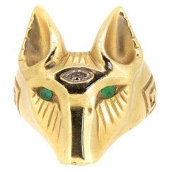 Coyote Ring with Emerald Eyes and Diamond Third Eye in 18k Yellow Gold
