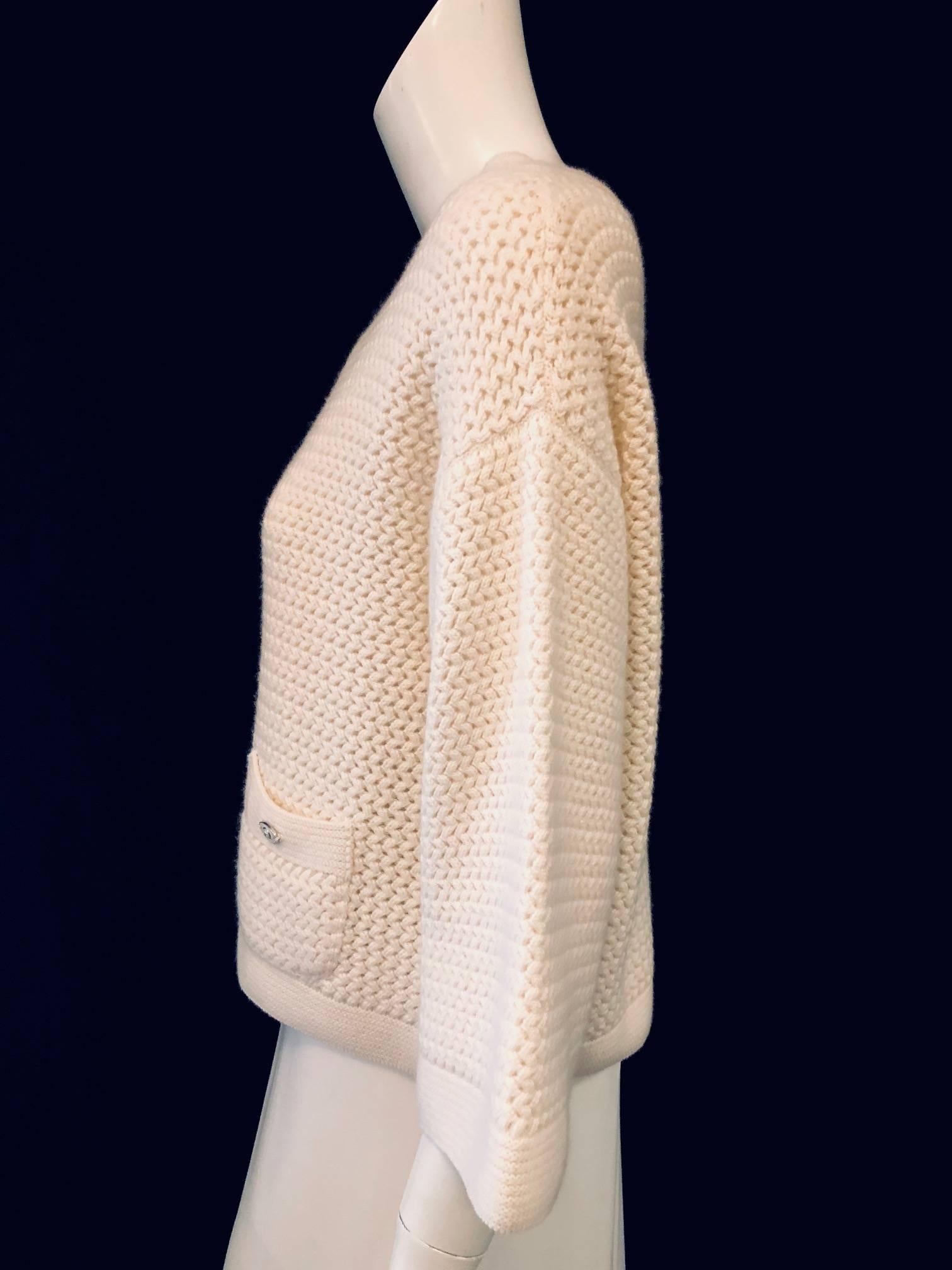 Cozy Chanel Ivory Cashmere Crochet Sweater   In Excellent Condition In Palm Beach, FL