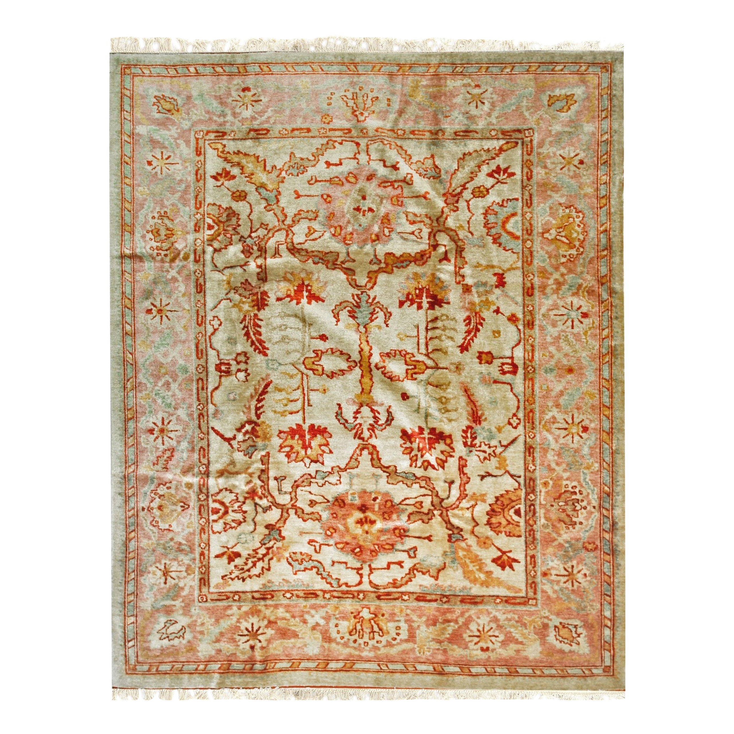 Cozy Mohair Oushak Beige Hand-Knotted Rug Carpet with Soft Floral Design