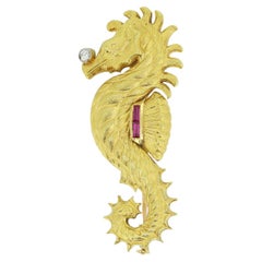 Cozzolino Mid-Century Ruby and Diamond Seahorse Brooch