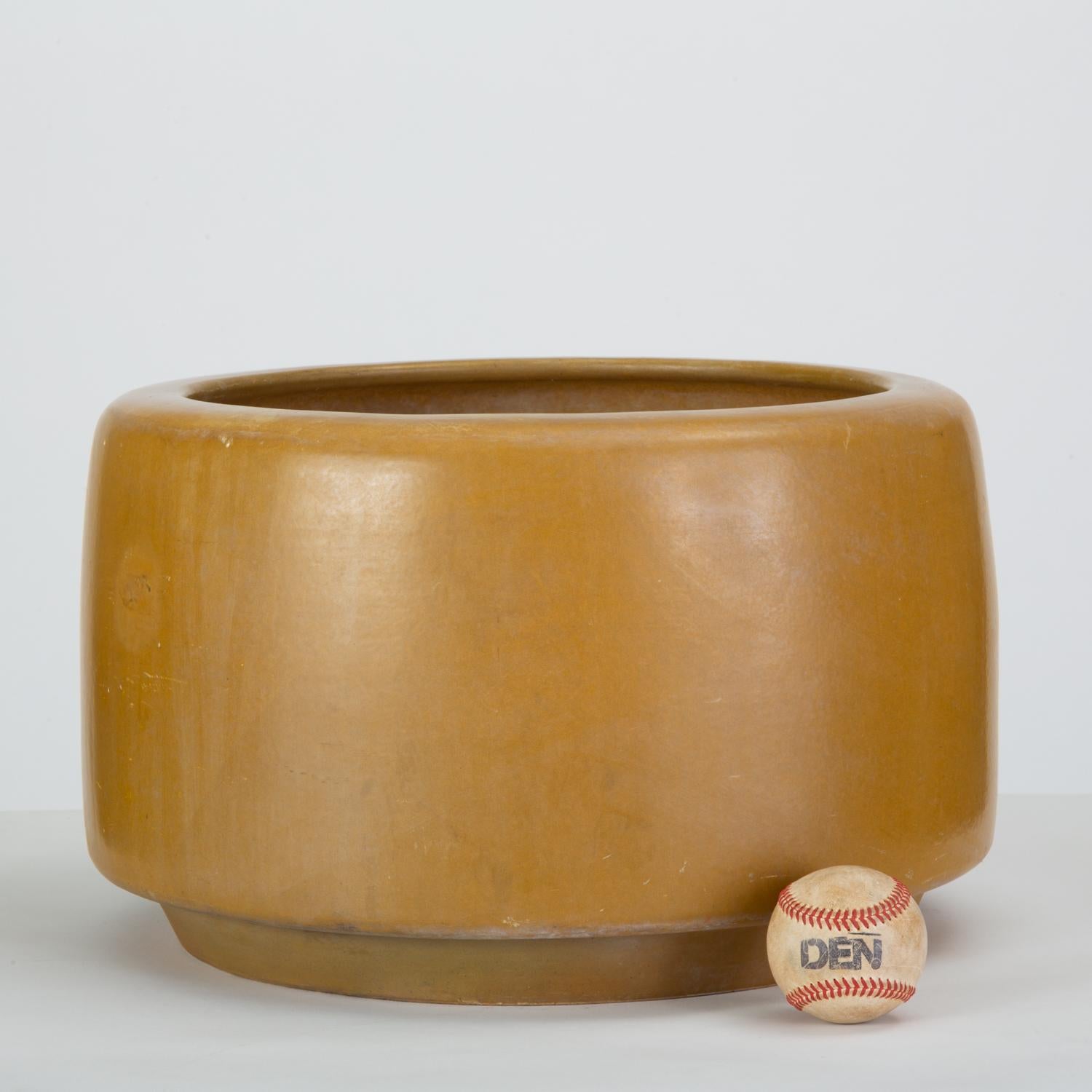 A mustard yellow bisque planter by John Follis for Architectural Pottery. This example has a drum shape with a rounded lip that curves in at the top of the piece. Planter retains partial stamp: “Architectural Pottery Made in USA.” We have a two