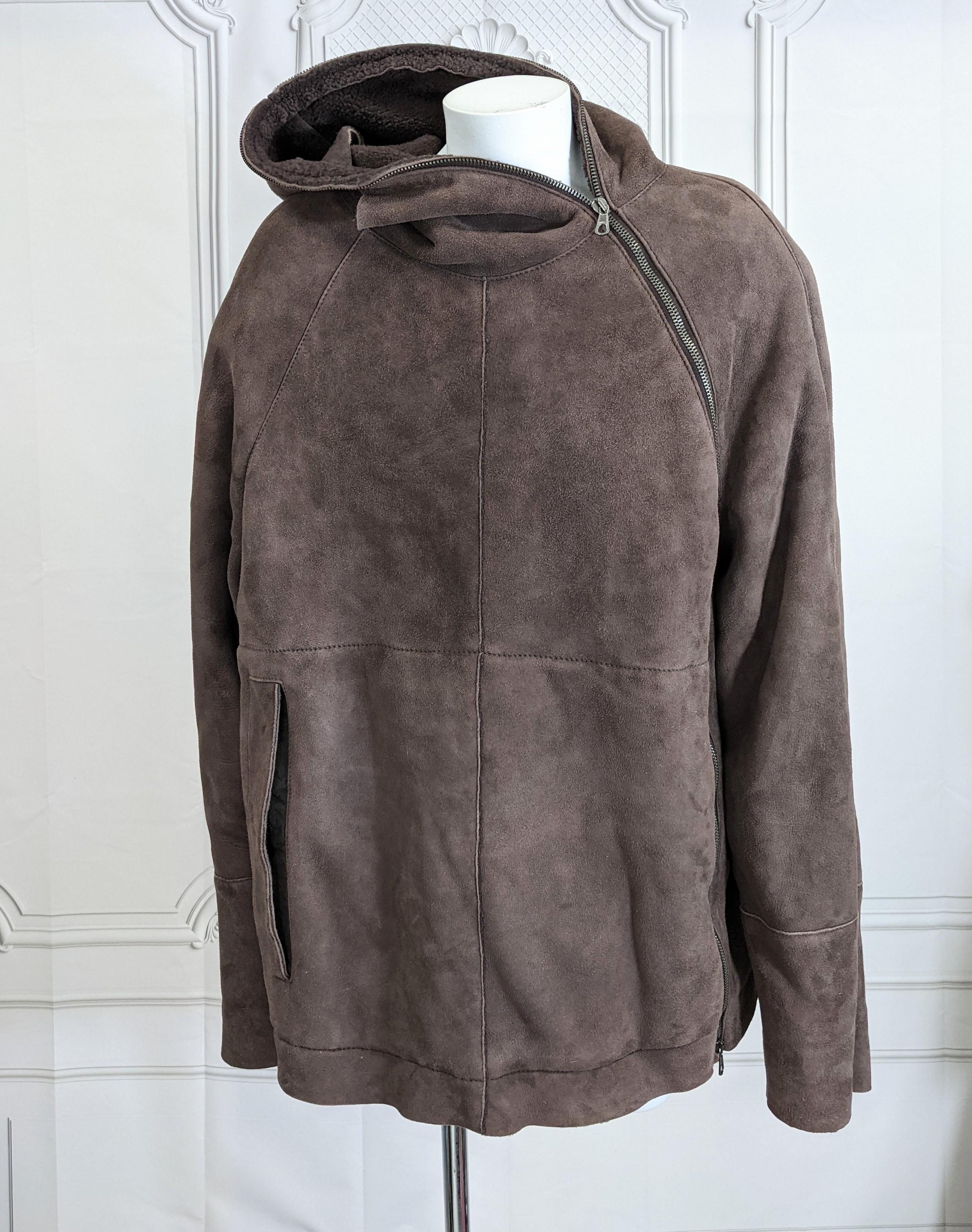 CP Co. Mens Shearling Gumby Hood Anorak from the 1980's Italy. Unusual side zip entry which when closed, forms a full 
