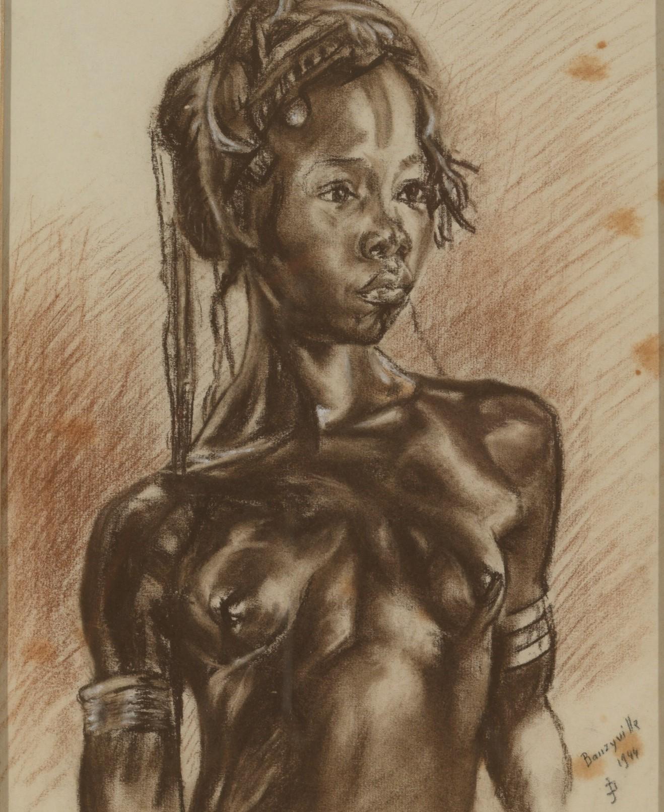 C.P. Initials,Portait of African Girl,Charcoal on Paper,Signed Banzyville 1944,Framed,Signed and Dated