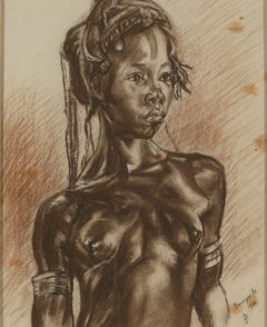 C.P. Initialen, Portait eines afrikanischen Mädchens, Kohle auf Papier, signiert Banzyville 1944