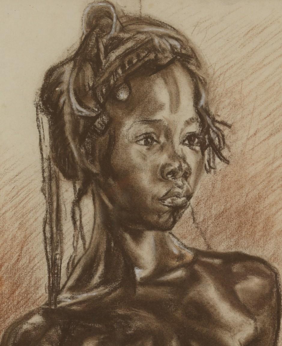 C.P. Initials, Portait of African Girl, Charcoal on Paper, Signed Banzyville 1944 In Fair Condition For Sale In Leuven , BE