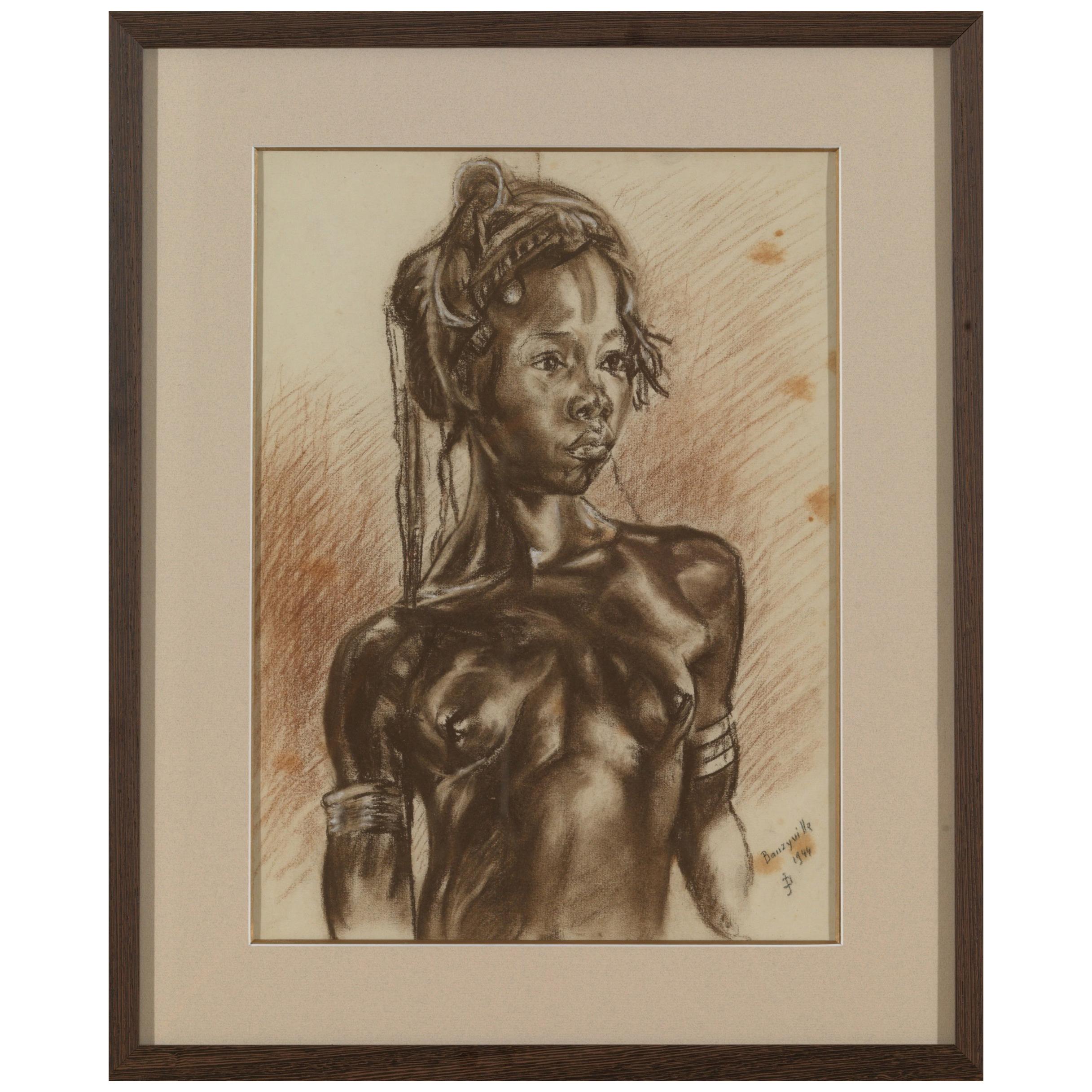 C.P. Initiales, Portrait d'une jeune fille africaine, fusain sur papier, signé Banzyville 1944