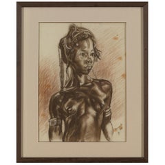 C.P. Initiales, Portrait d'une jeune fille africaine, fusain sur papier, signé Banzyville 1944