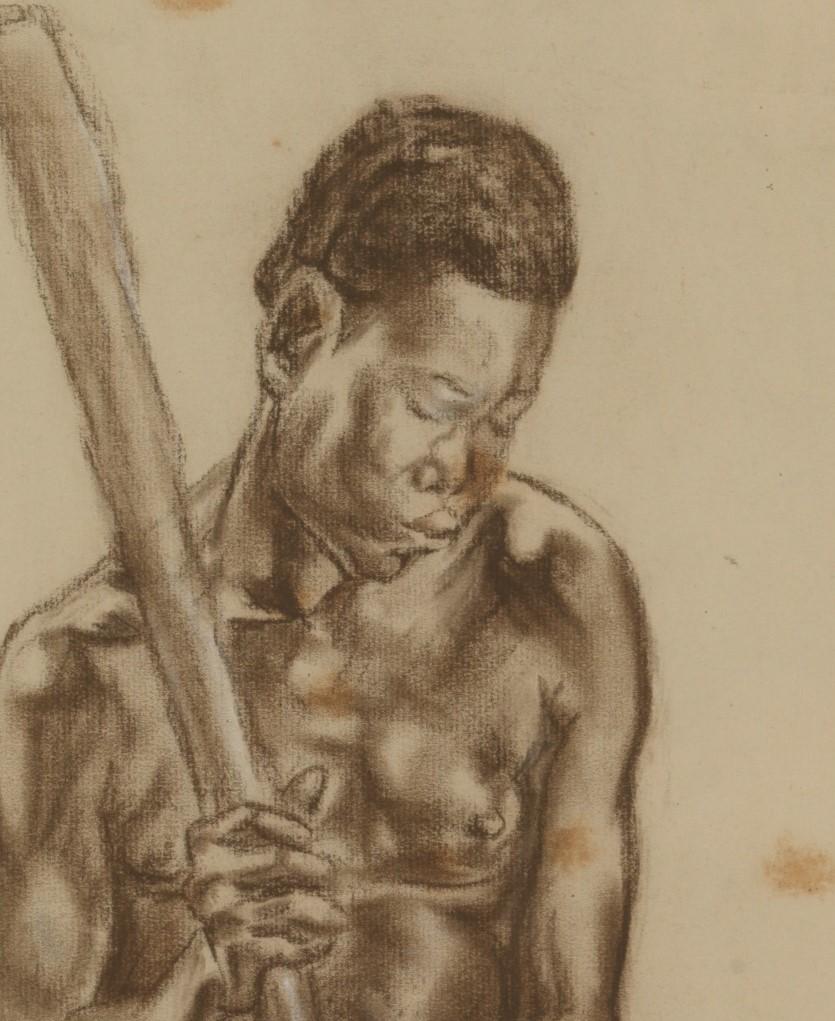 C.P. Initials,Portait of African Male,Charcoal on Paper,Signed Banzyville 1944,Framed,Signed and Dated