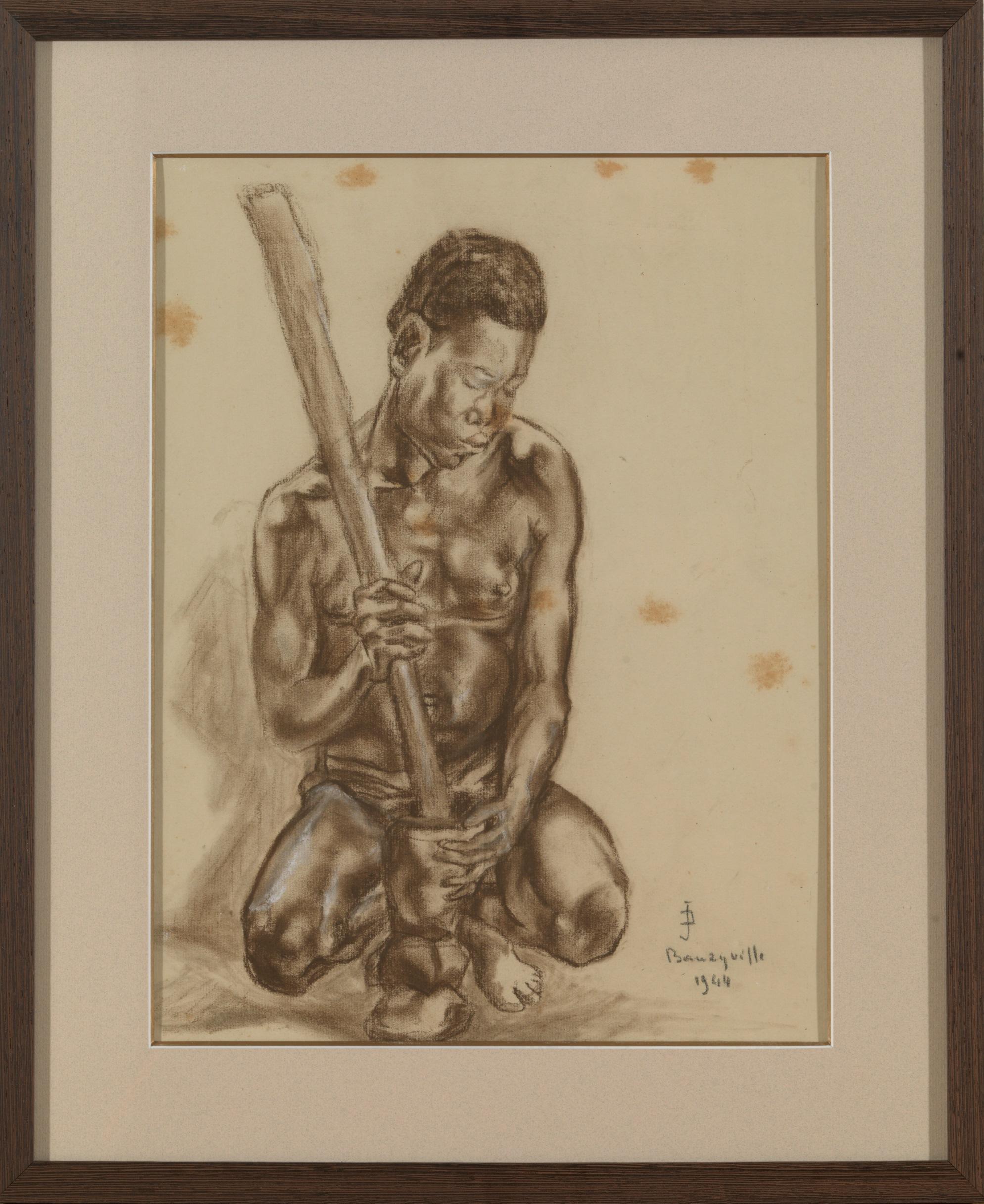 Congolese Portait of African Male, Charcoal on Paper, Signed Banzyville, 1944 For Sale