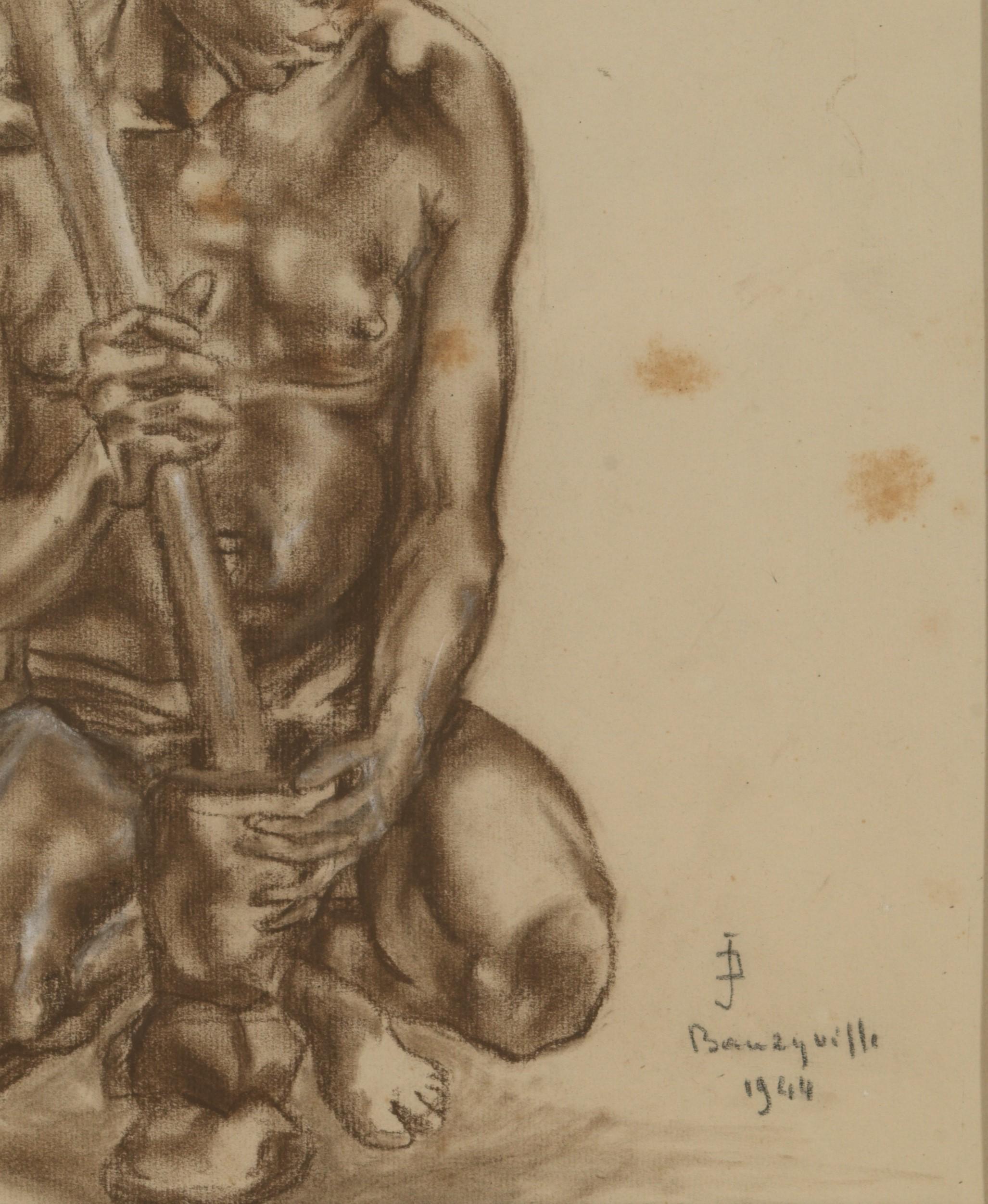 Portait of African Male, Charcoal on Paper, Signed Banzyville, 1944 In Fair Condition For Sale In Leuven , BE