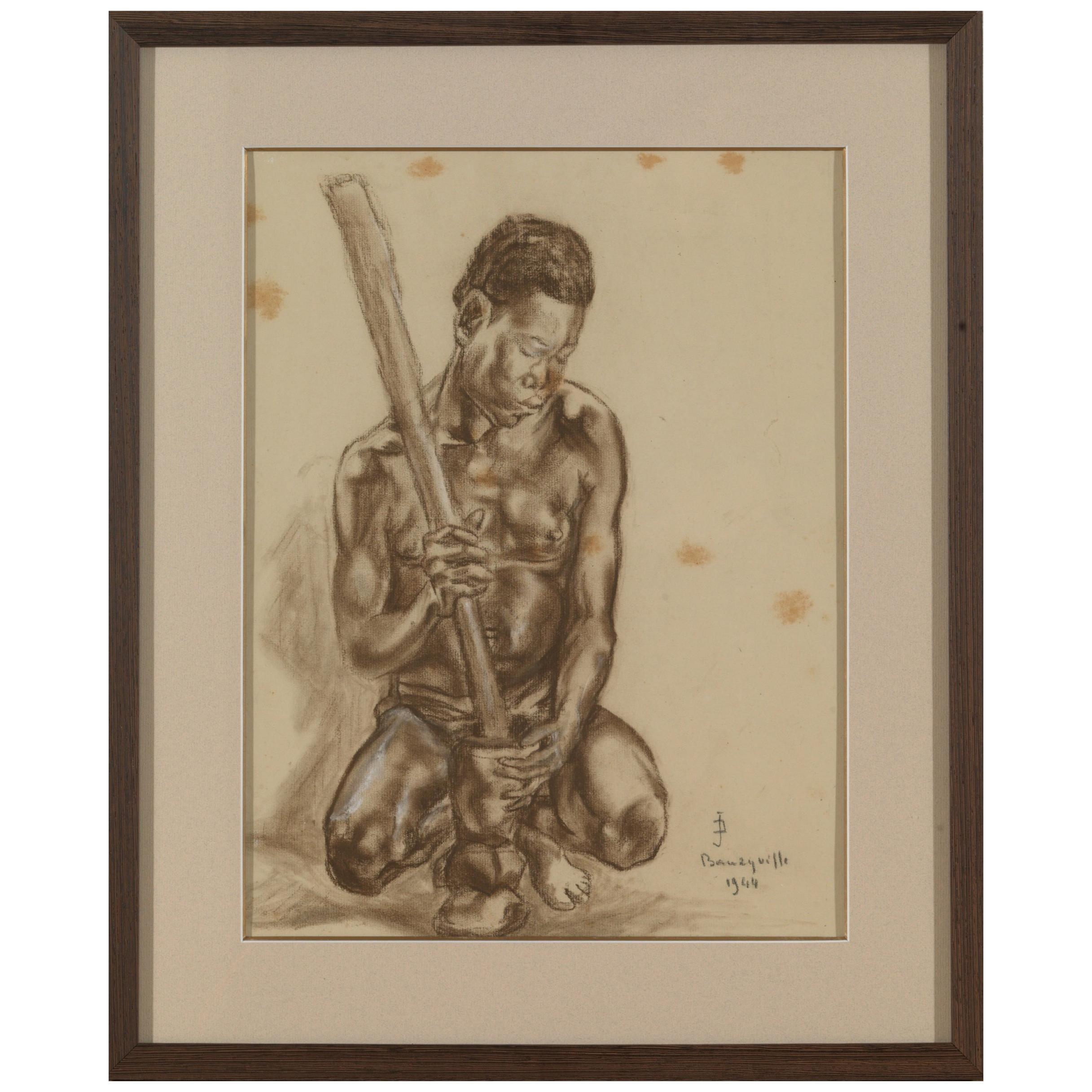 Portait of African Male, Charcoal on Paper, Signed Banzyville, 1944 For Sale