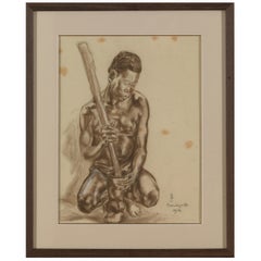 Vintage Portait of African Male, Charcoal on Paper, Signed Banzyville, 1944