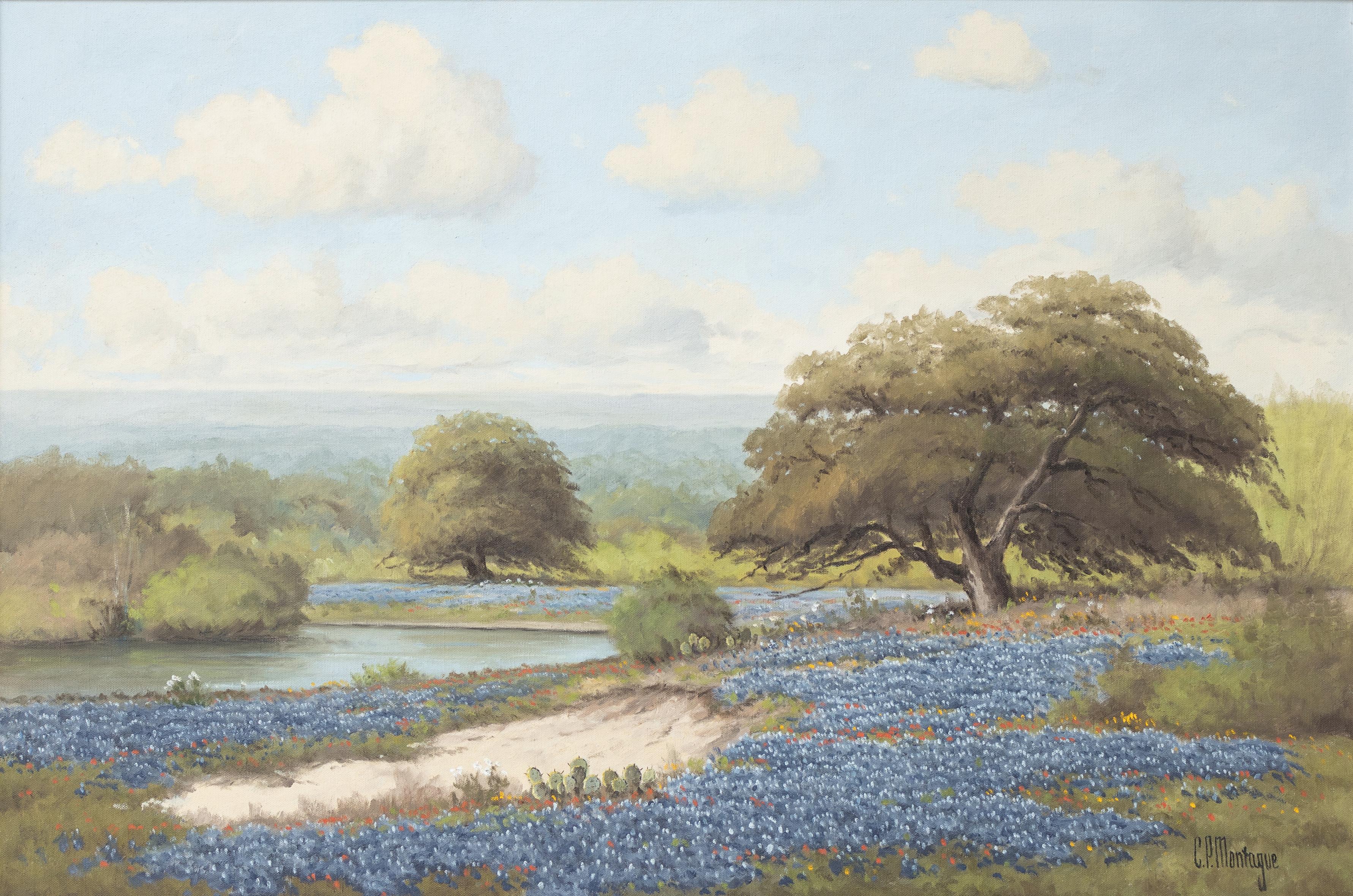 C.P. Montague (Pauline Thweatt) Landscape Painting - "Bluebonnet Landscape" Texas Pastoral Landscape with Bluebonnet Wildflowers