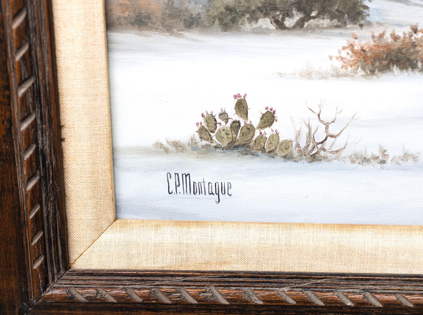 Hill Country Winter Snow Scene - Beige Landscape Painting by C.P. Montague (Pauline Thweatt)