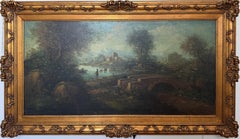 C. Patin Huge Vintage European Cityscape/ Landscape Oil Painting Gilt Frame