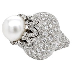 CPCCKTAIL RING Platinum 14.95mm South Sea Pearl & 13.80 Ct European-Cut Diamonds