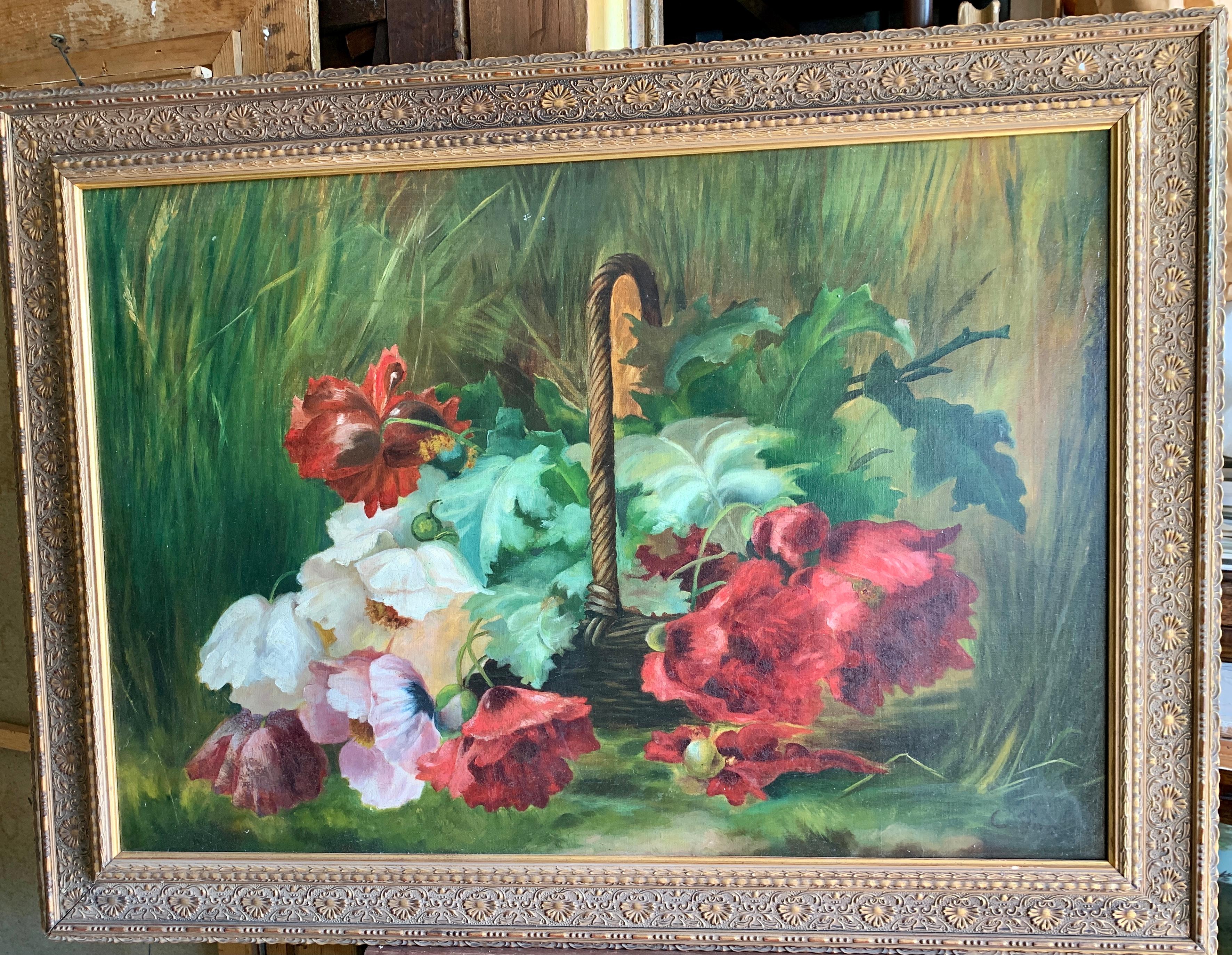 Nature morte impressionniste de fleurs, coquelicots ou pivoines dans un paysage - Gris Still-Life Painting par C.Perret