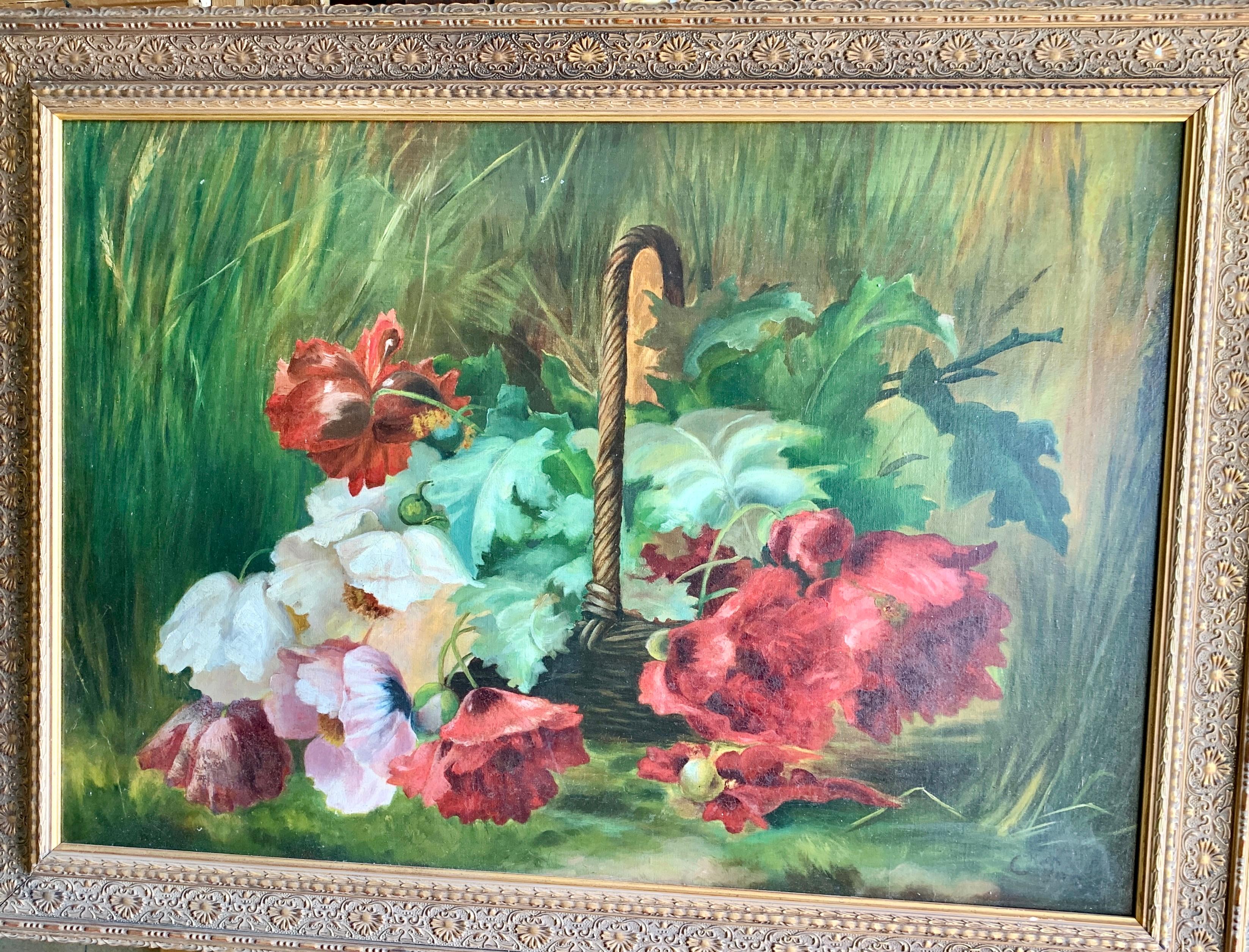 Still-Life Painting C.Perret - Nature morte impressionniste de fleurs, coquelicots ou pivoines dans un paysage